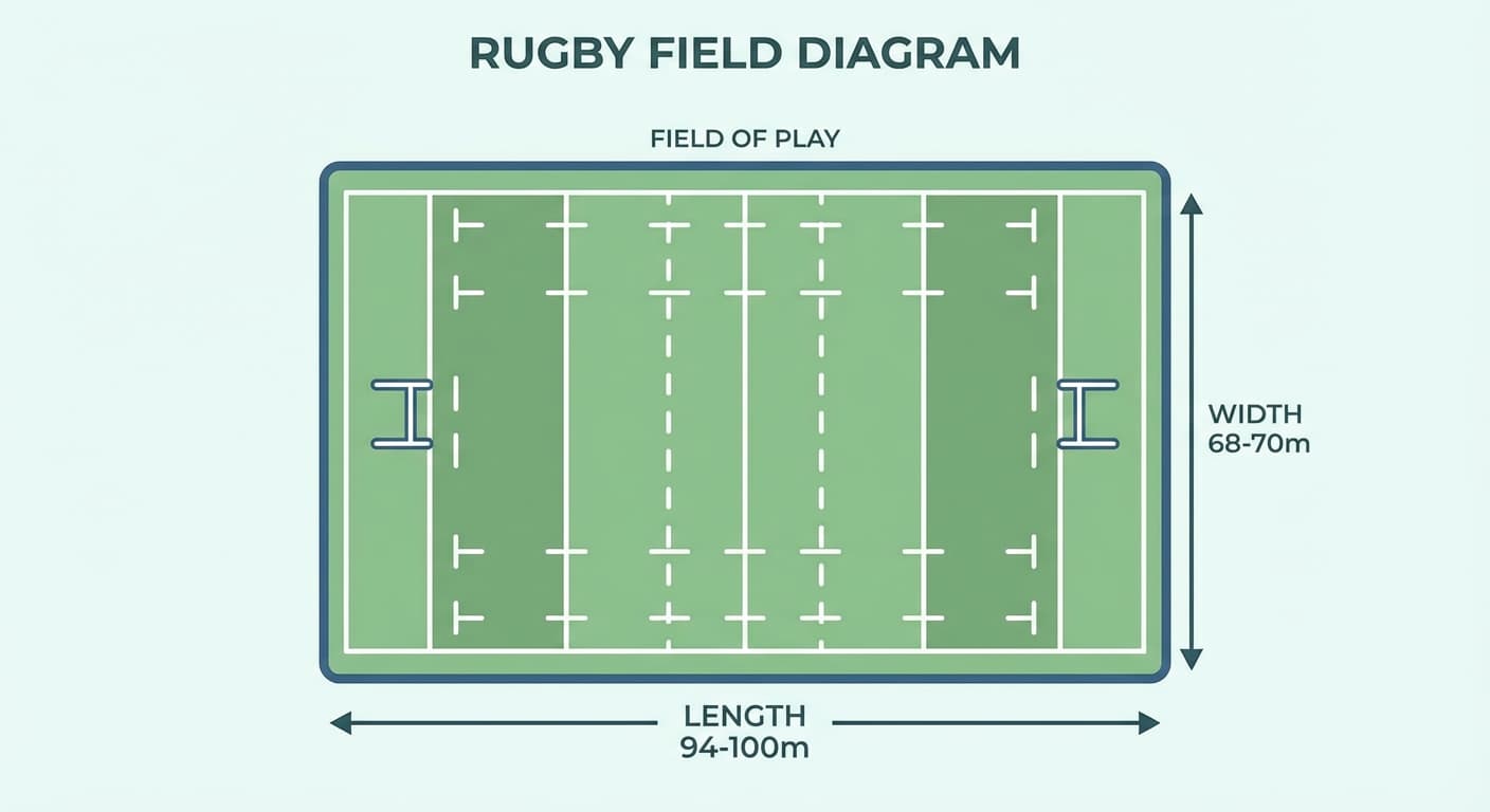 Rugby field layout: dimensions, zones, and key markings