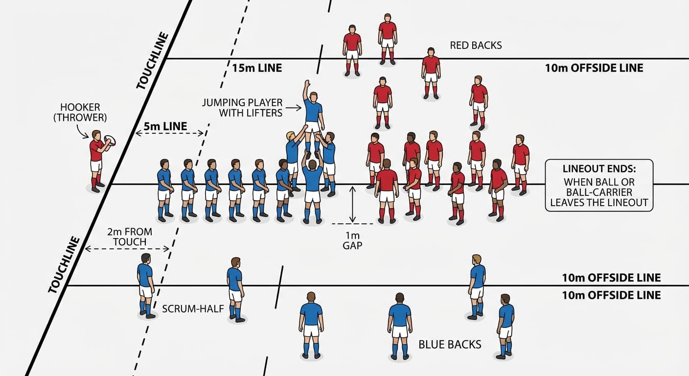 Lineout formation: positions, throwing, and offside lines