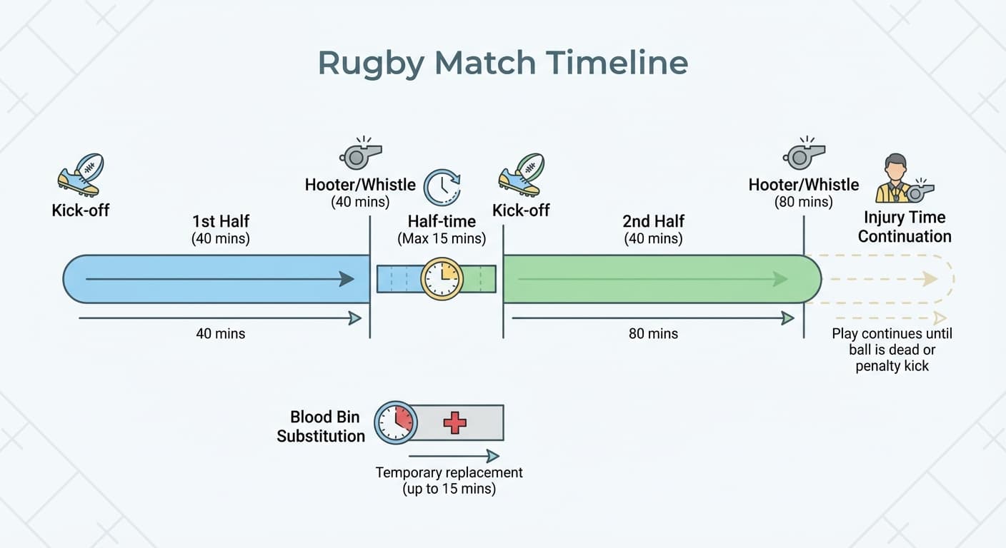 Rugby match time structure: halves, half-time, and injury time