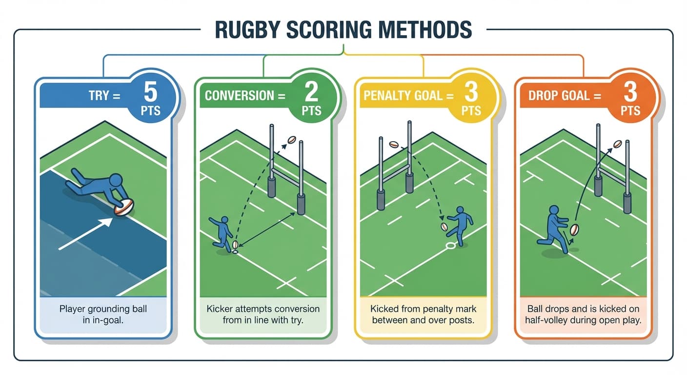 Scoring in rugby: try, conversion, penalty goal, and drop goal