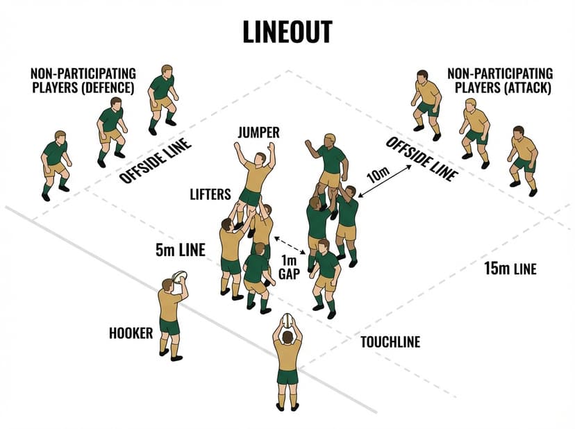 Lineout: players line up perpendicular to the touchline