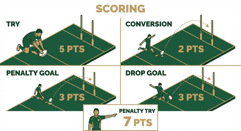 Scoring: try (5pts), conversion (2pts), penalty goal (3pts), drop goal (3pts)