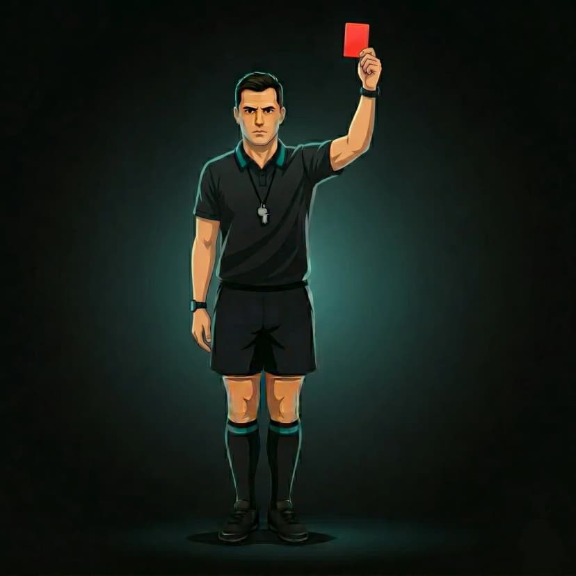 Red Card: referee holds a red card high above the head
