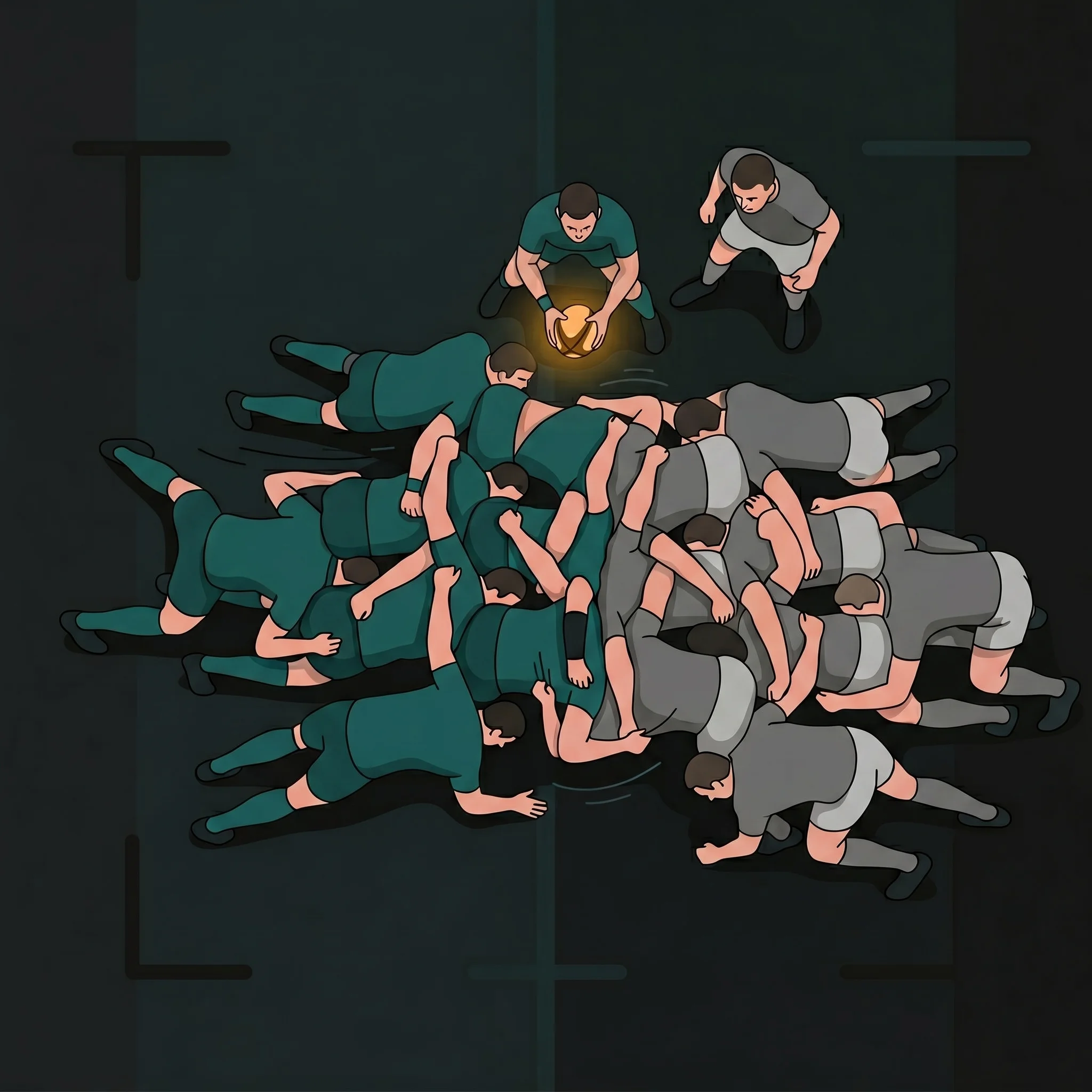 Scrum formation: front row binding, engagement sequence, and offside lines