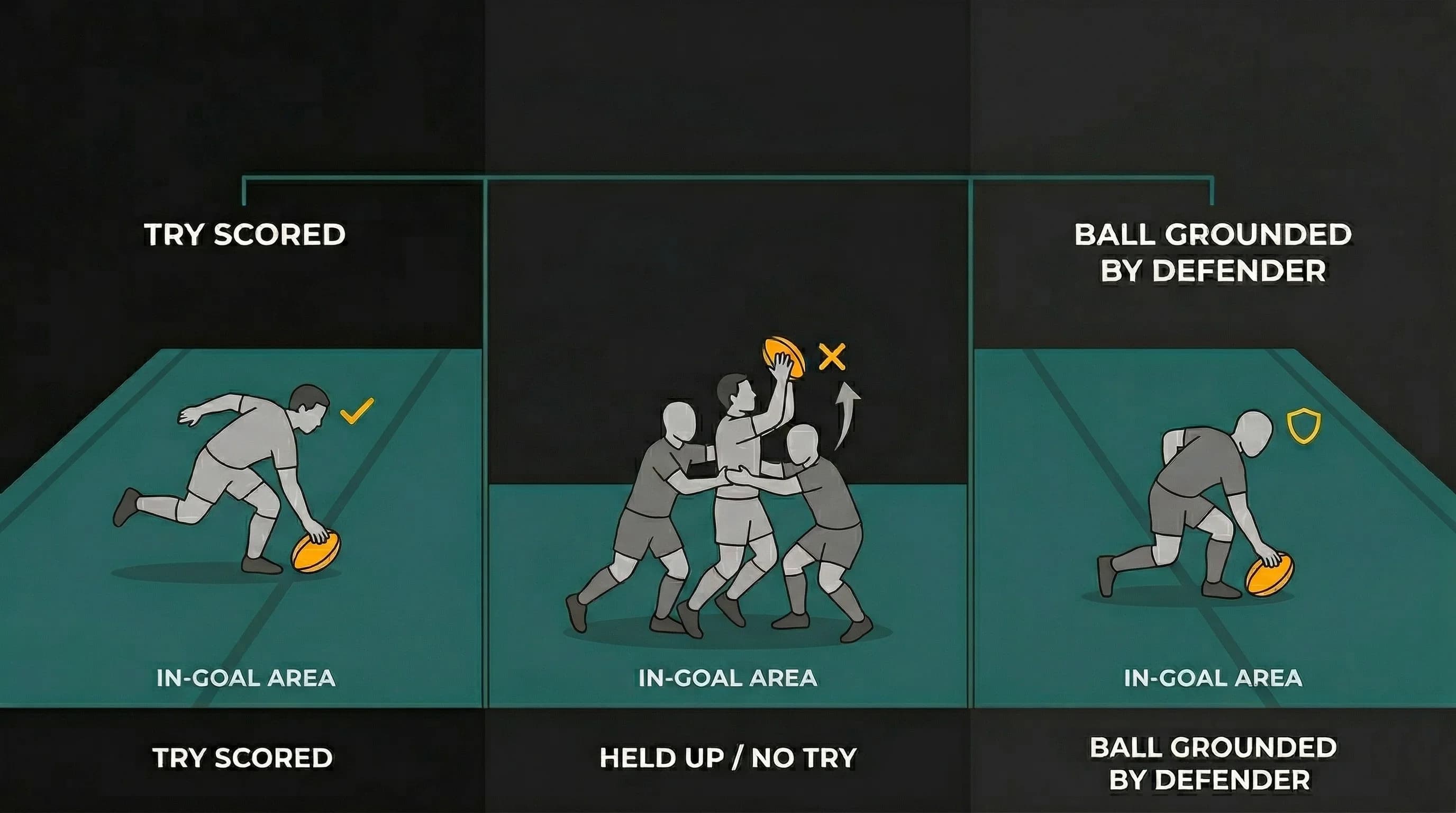 In-goal area: grounding the ball, deadball line, and 22 drop-out