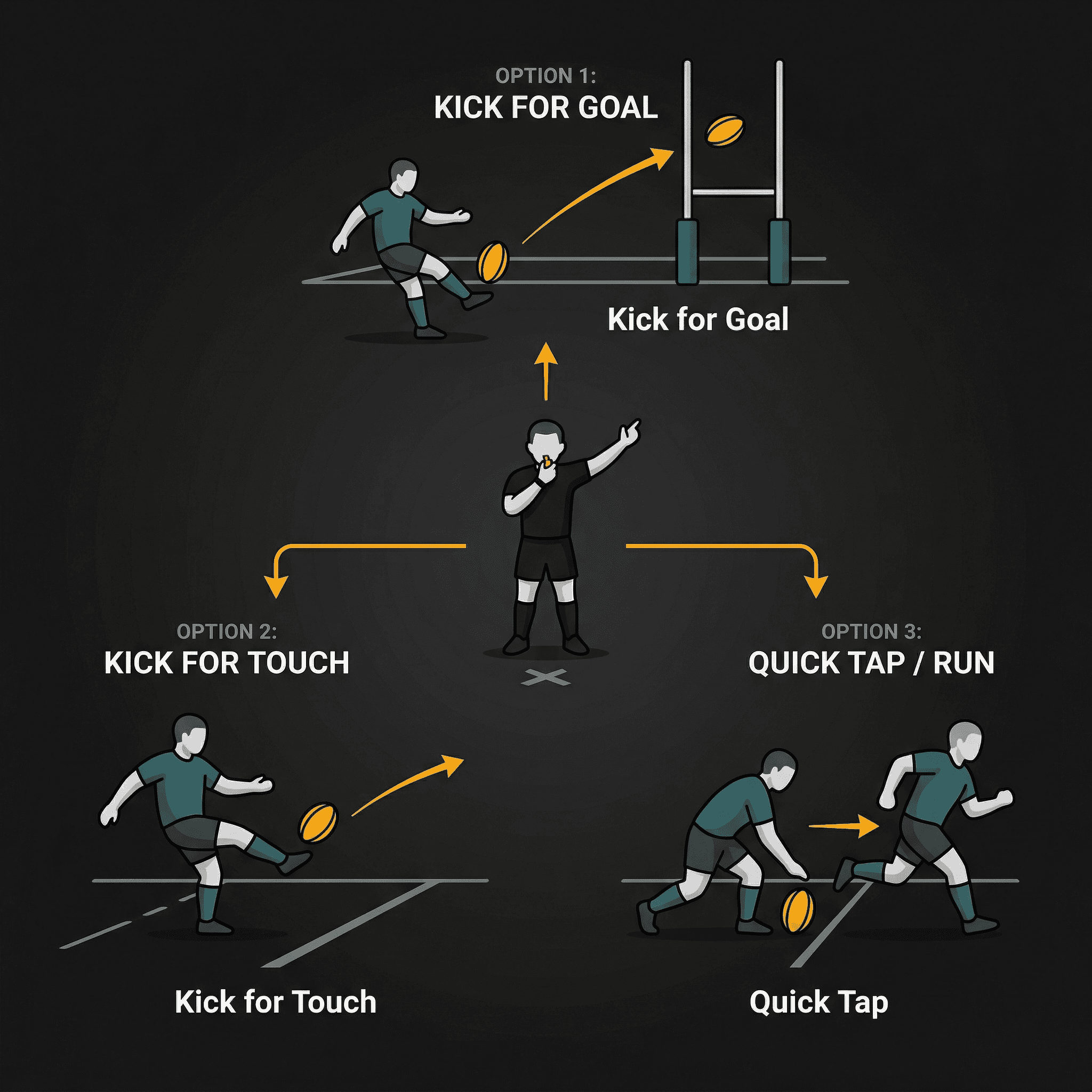 Penalties: non-offending team chooses kick at goal, kick to touch, tap and go, or scrum