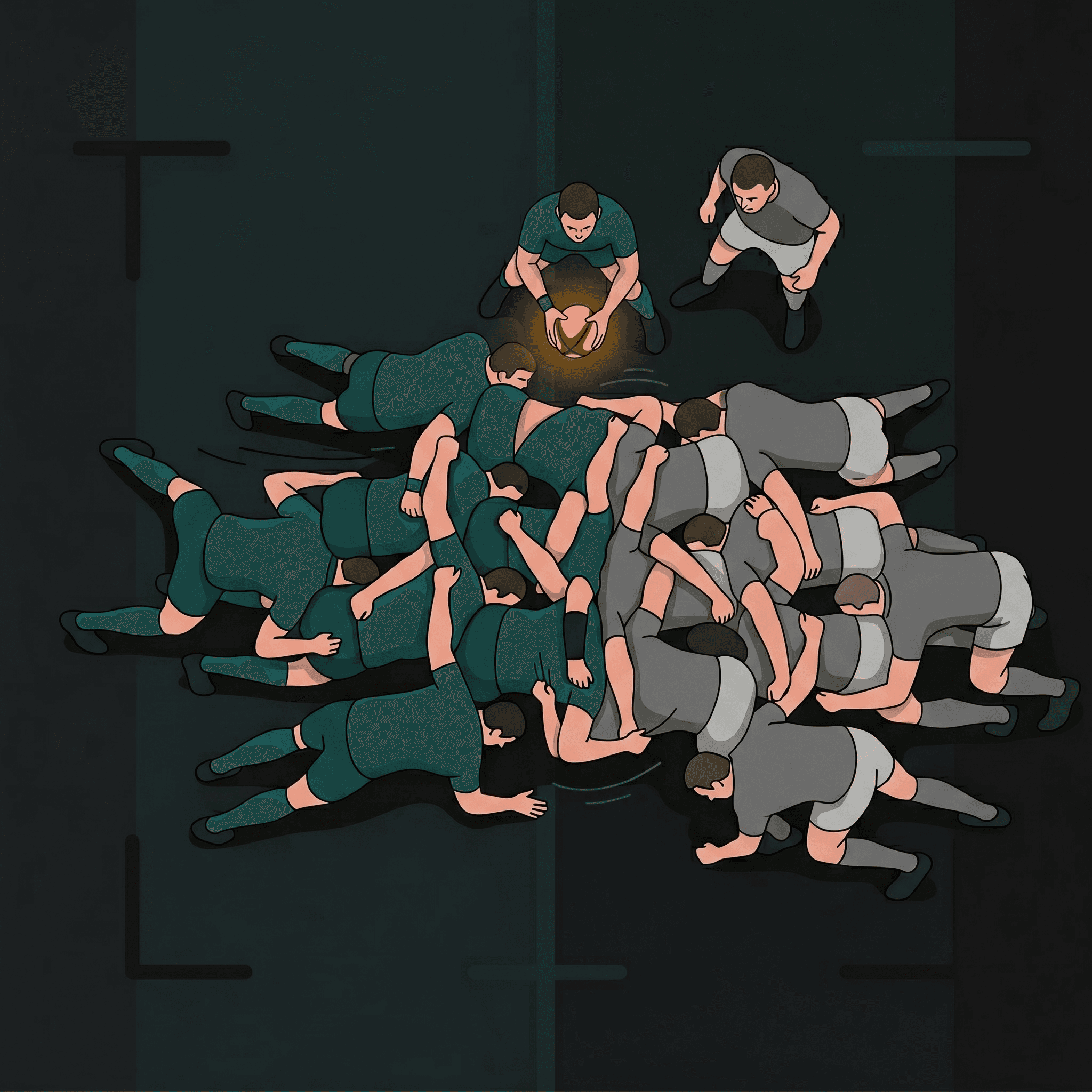 Scrum formation: 8 players per side bind over the ball