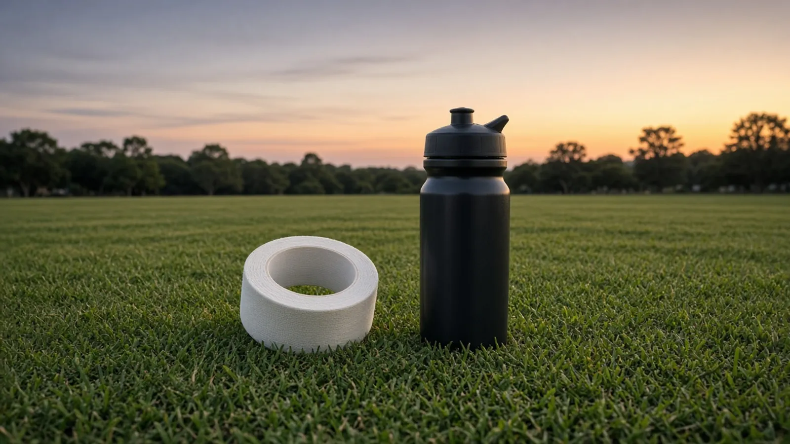 A roll of white strapping tape and a modern sports water bottle on plain, even grass at dusk