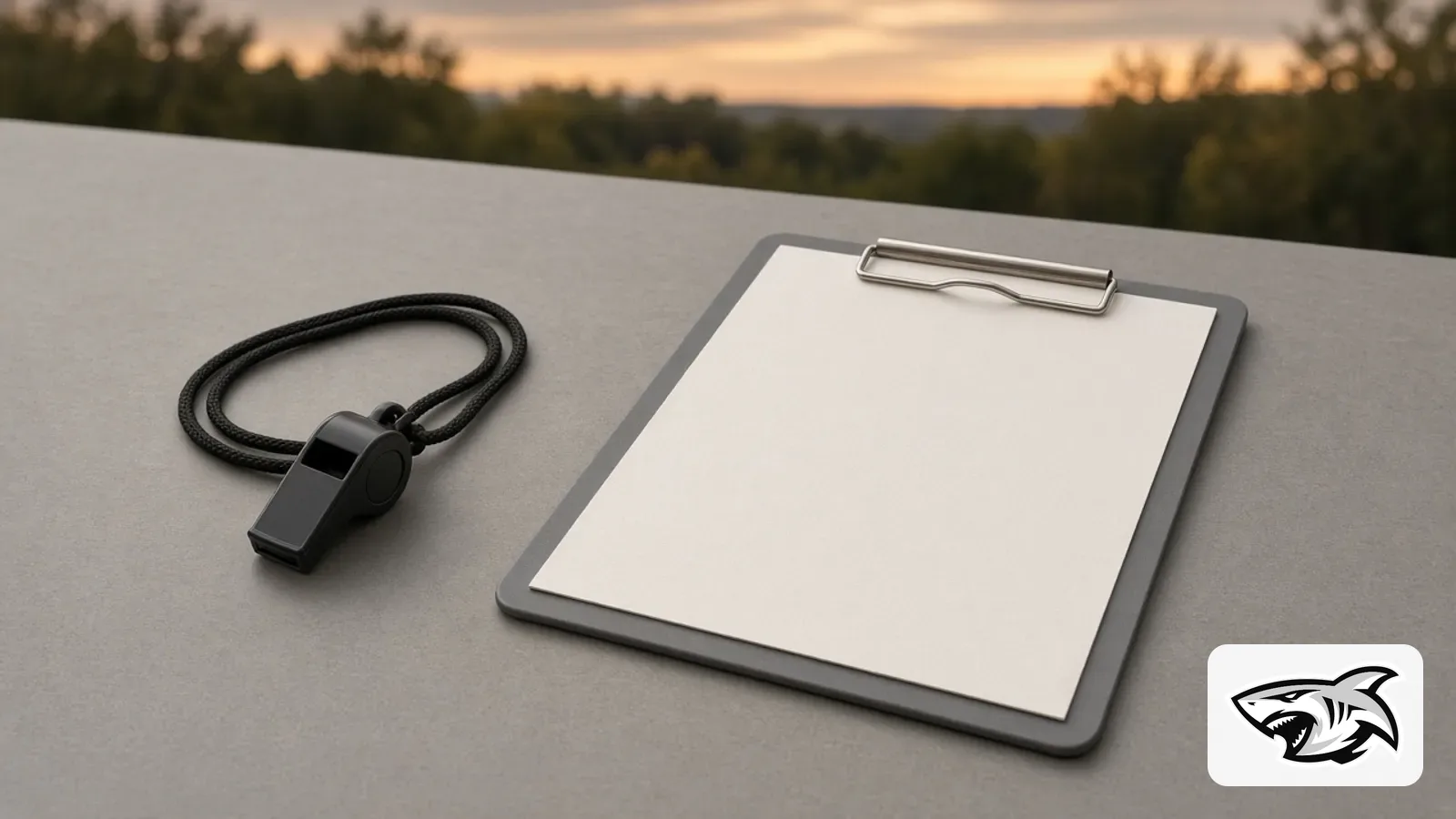 A plastic whistle and a blank notepad on an empty plain table