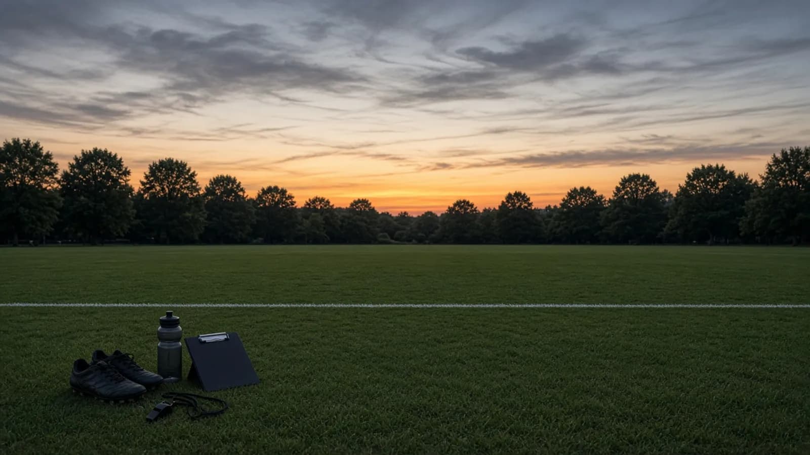 An empty field of plain, even grass at dusk under a wide open sky