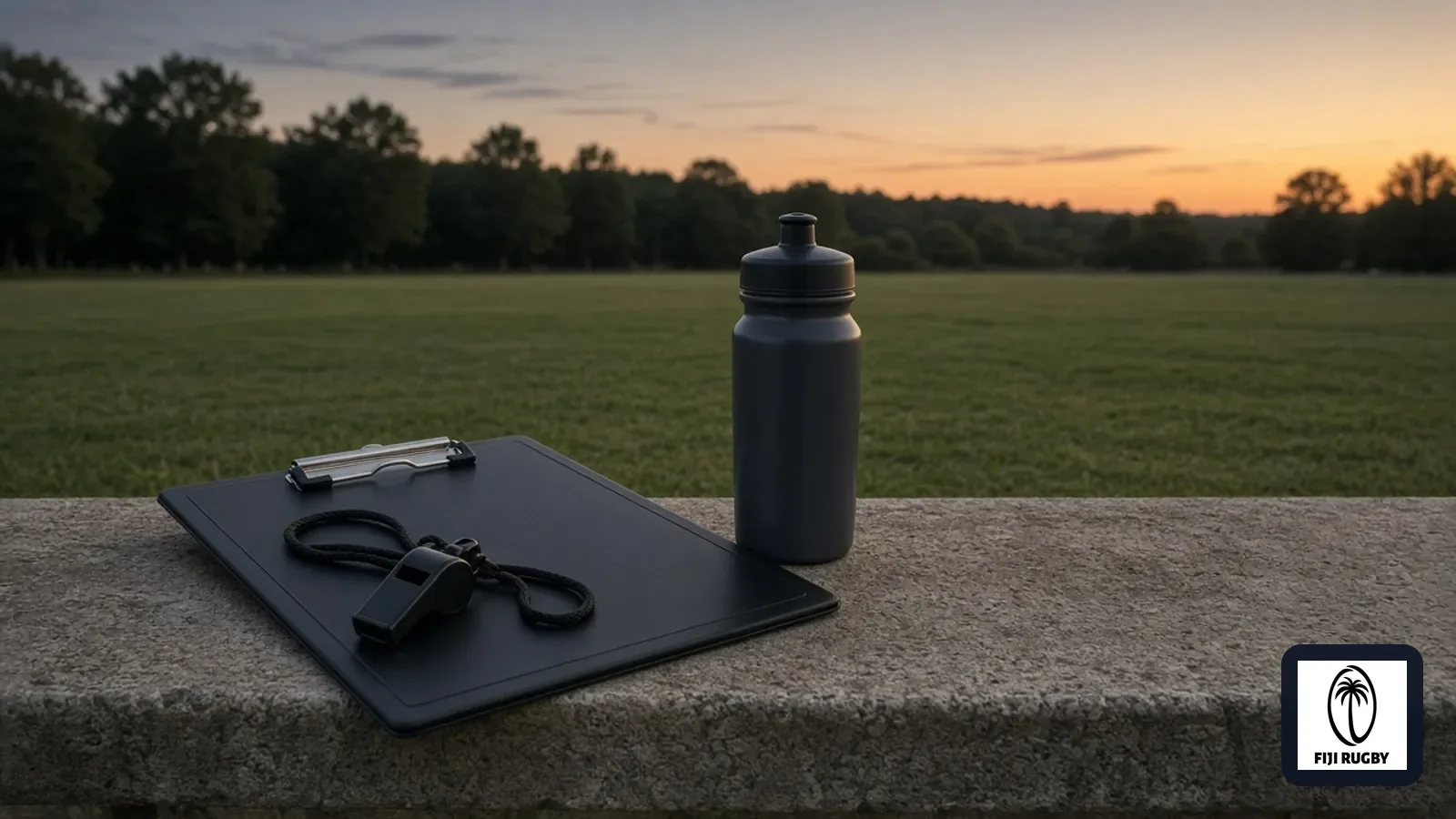 A modern clipboard and a plastic whistle resting on a plain bench beside an empty field of plain grass at dusk