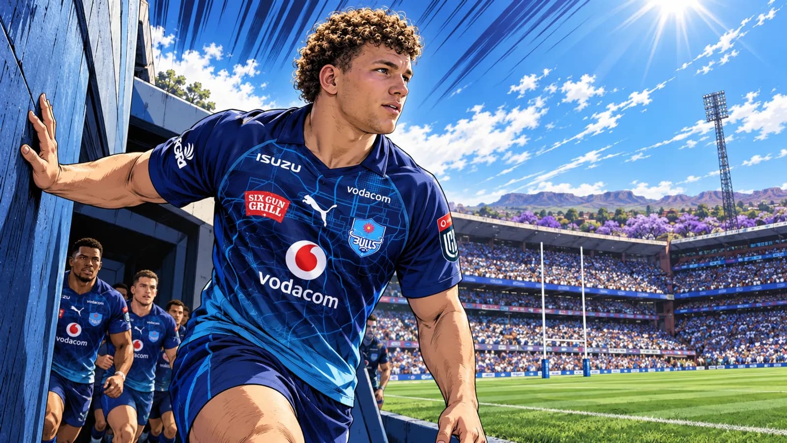 A curly-haired Bulls player leads teammates out of the tunnel into a packed Loftus Versfeld, with purple trees and hills beyond.