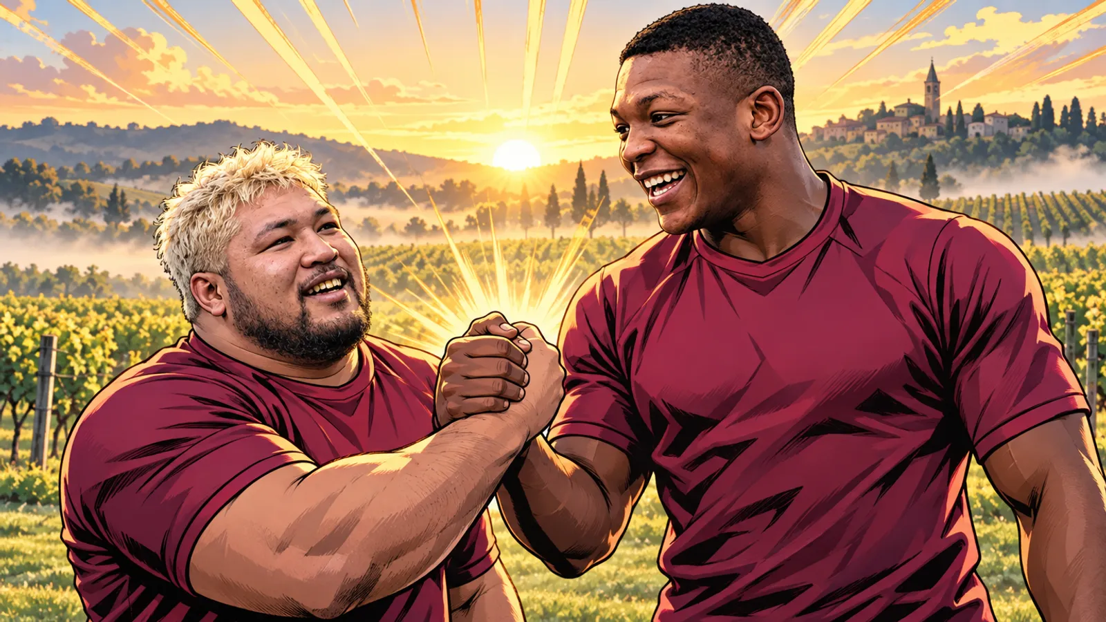 Two smiling rugby players in plain maroon shirts clasp hands in a sunlit vineyard with a hilltop village behind them.
