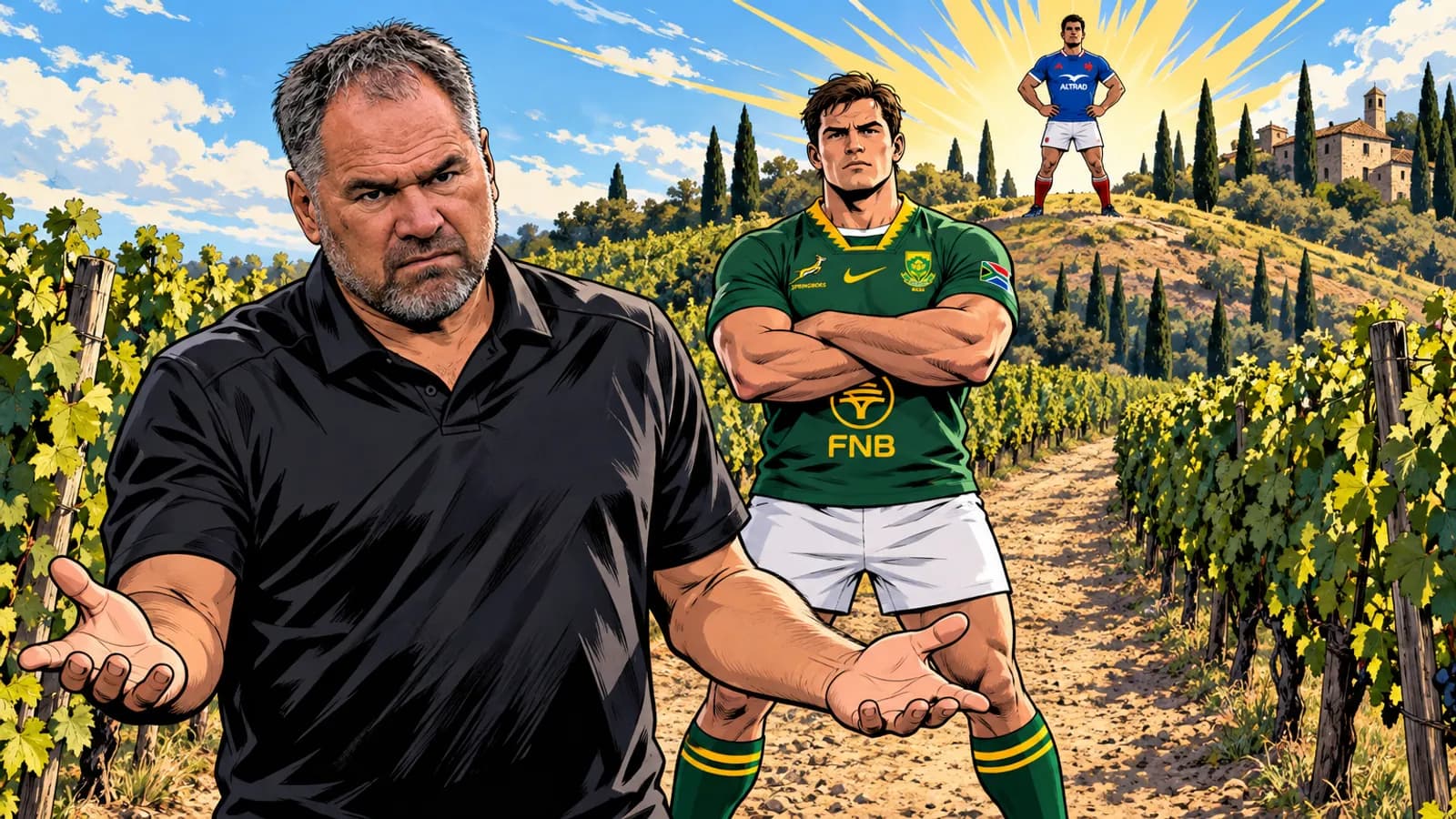 A comic-style rugby illustration of the All Blacks home kit.