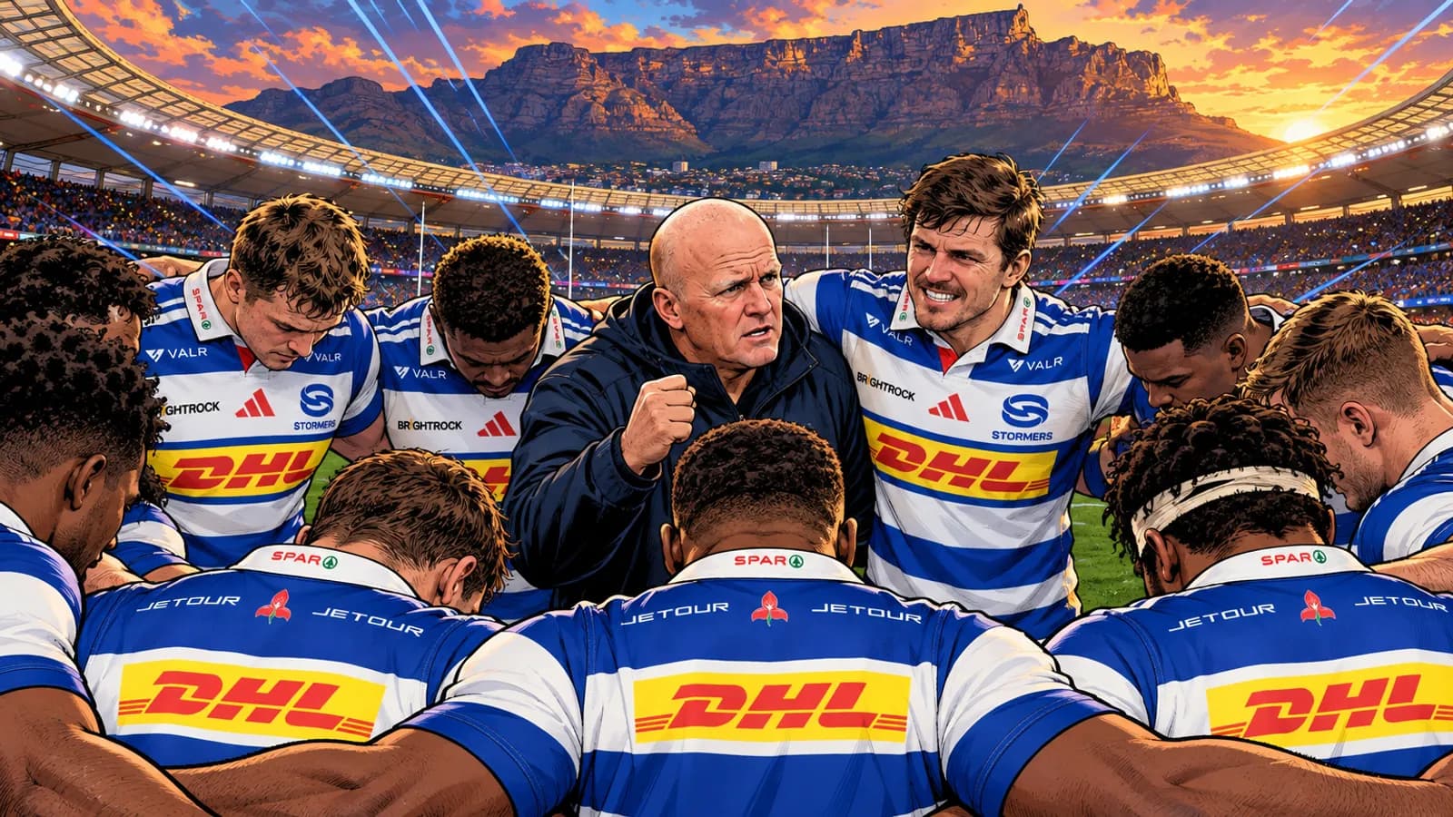 Stormers players huddle around a bald coach in a navy jacket inside DHL Stadium, with a flat-topped mountain glowing at sunset behind.