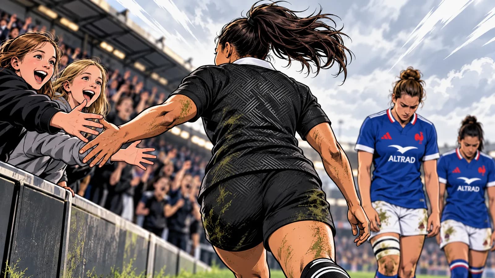 A Black Ferns player runs to high-five cheering young fans at a stadium fence as France players in blue walk away dejected.