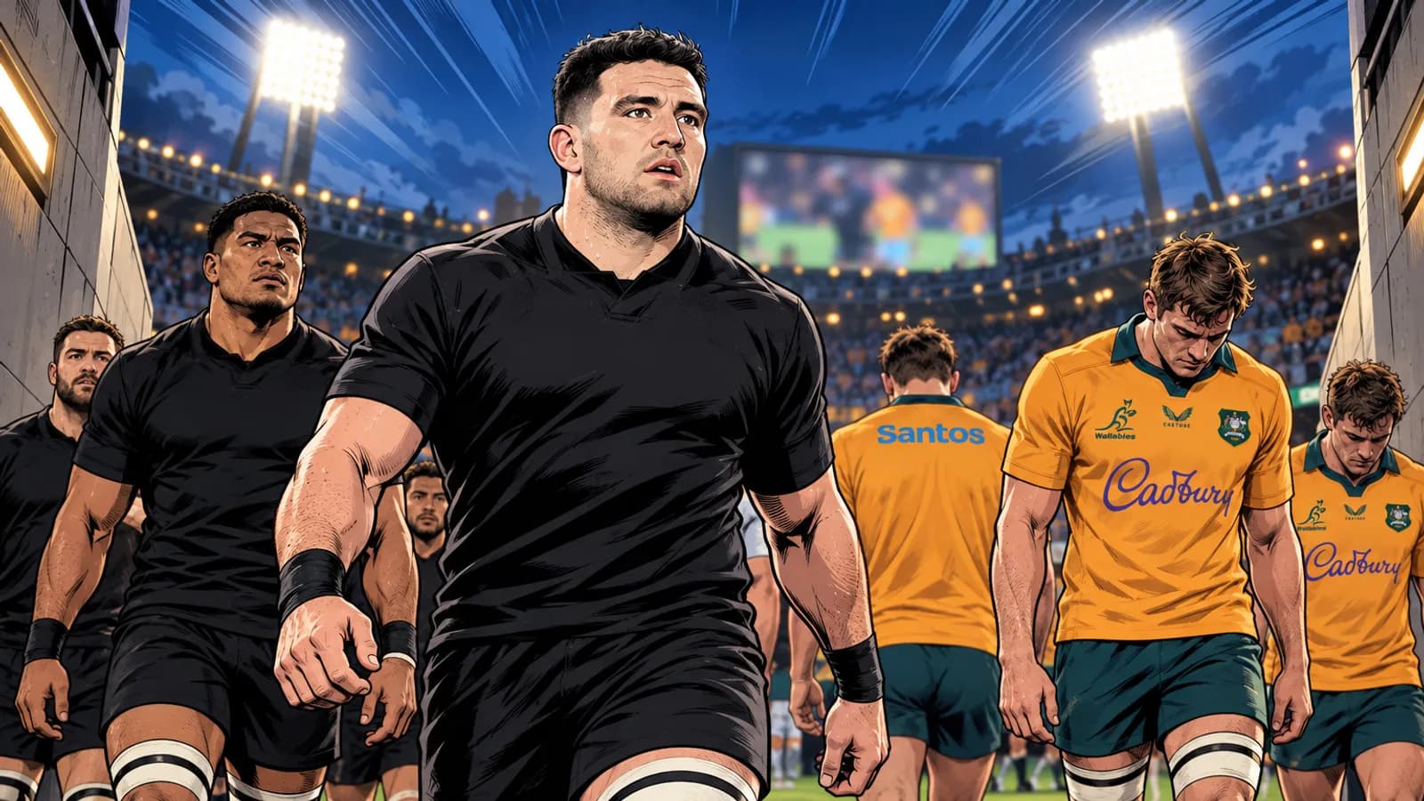 Players in black walk from a floodlit stadium tunnel beside dejected Wallabies in gold jerseys, with a crowd behind.