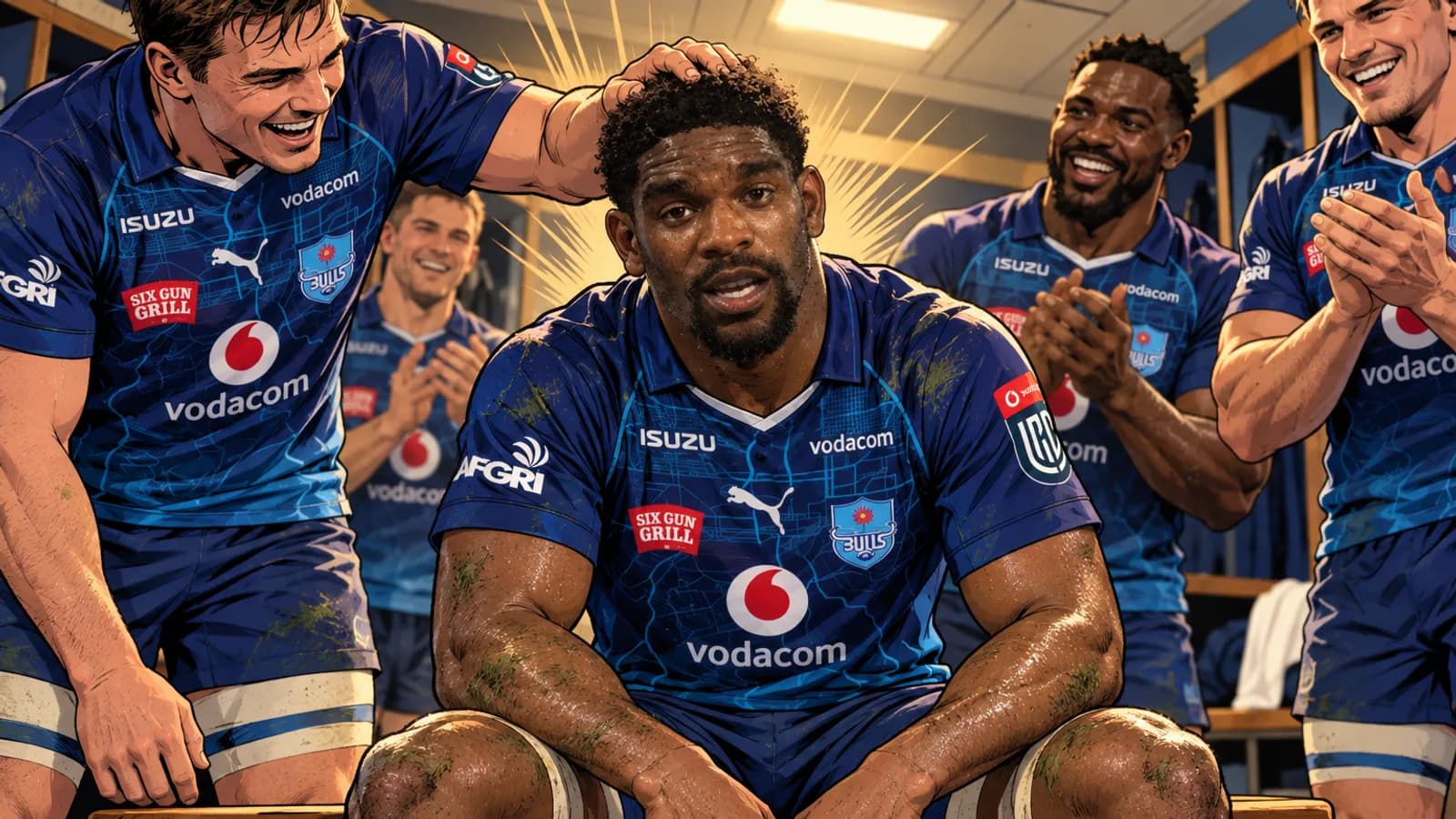 A comic-style rugby illustration of the Bulls home kit at Loftus Versfeld.