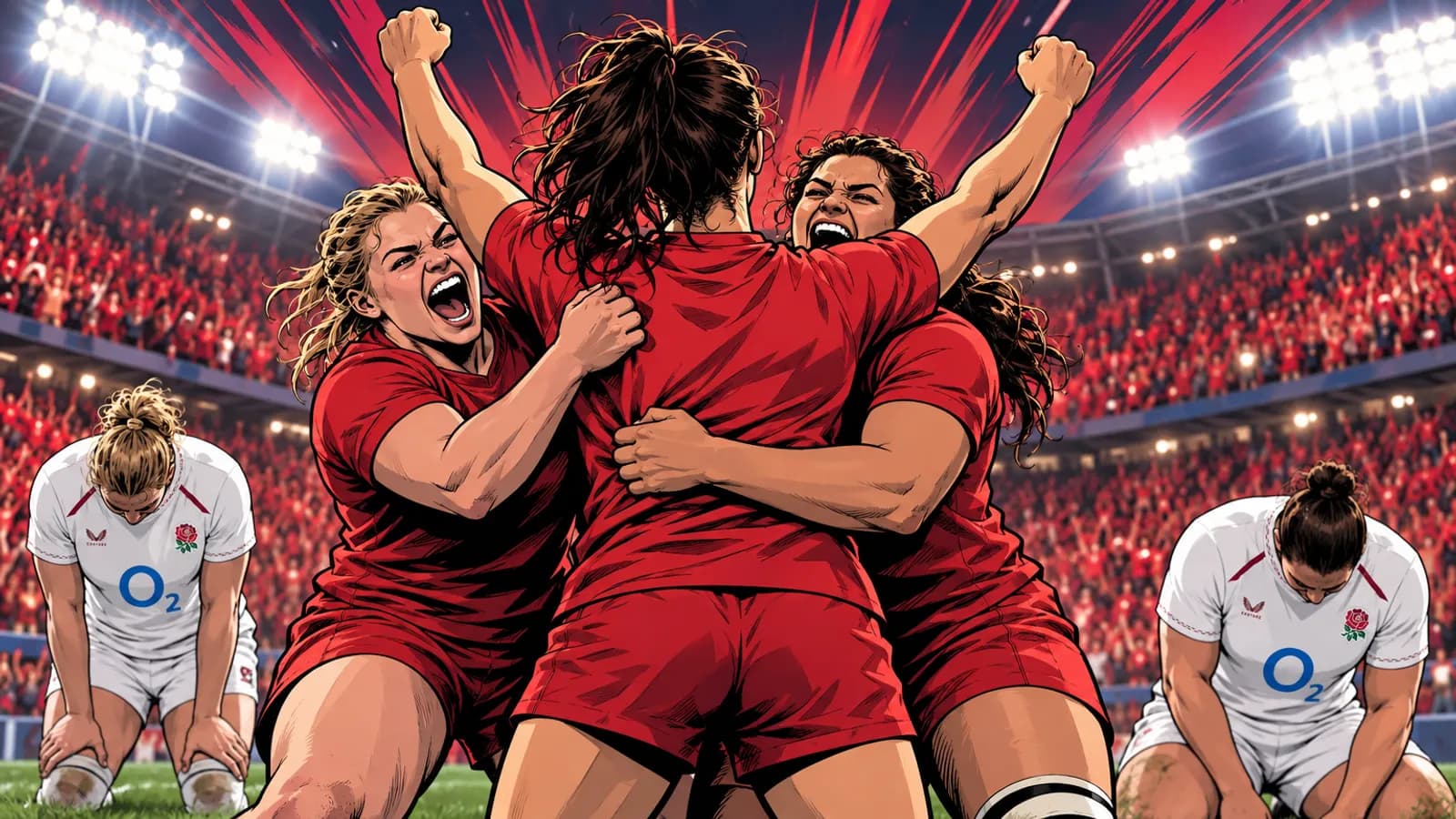 Players in red embrace and celebrate in a floodlit stadium while England players in white kneel dejected on the grass nearby.