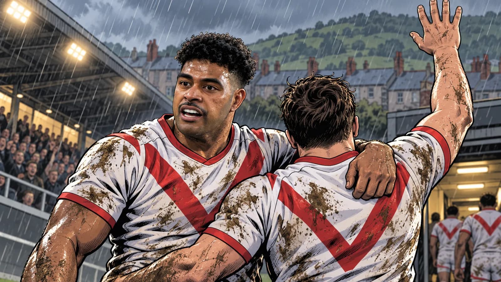 Two muddy rugby players in white and red jerseys embrace and celebrate in the rain before a crowded stand and hillside houses.