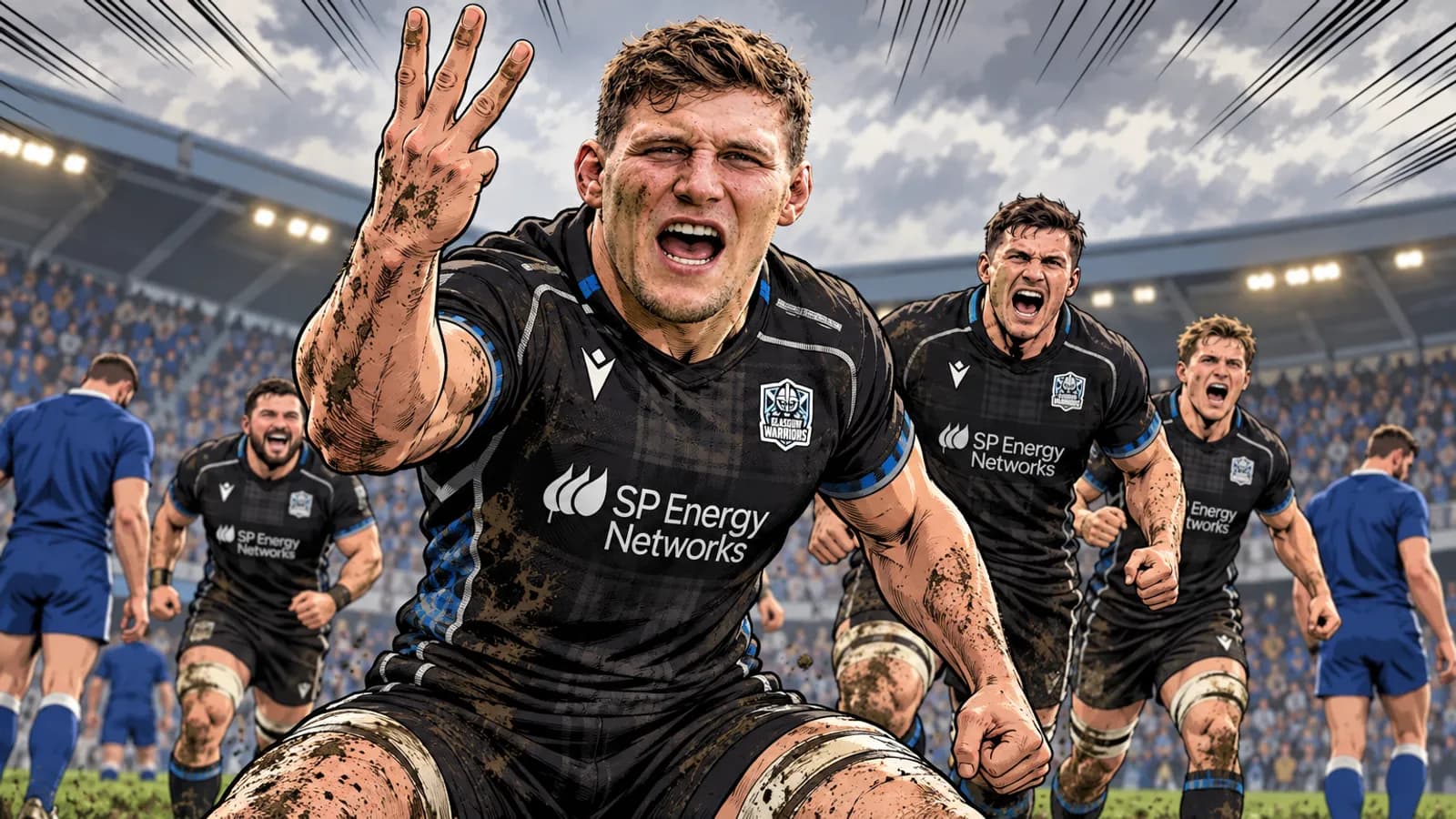 Glasgow Warriors players in black tartan jerseys celebrate on a pitch while blue-shirted opponents walk away in a floodlit stadium.