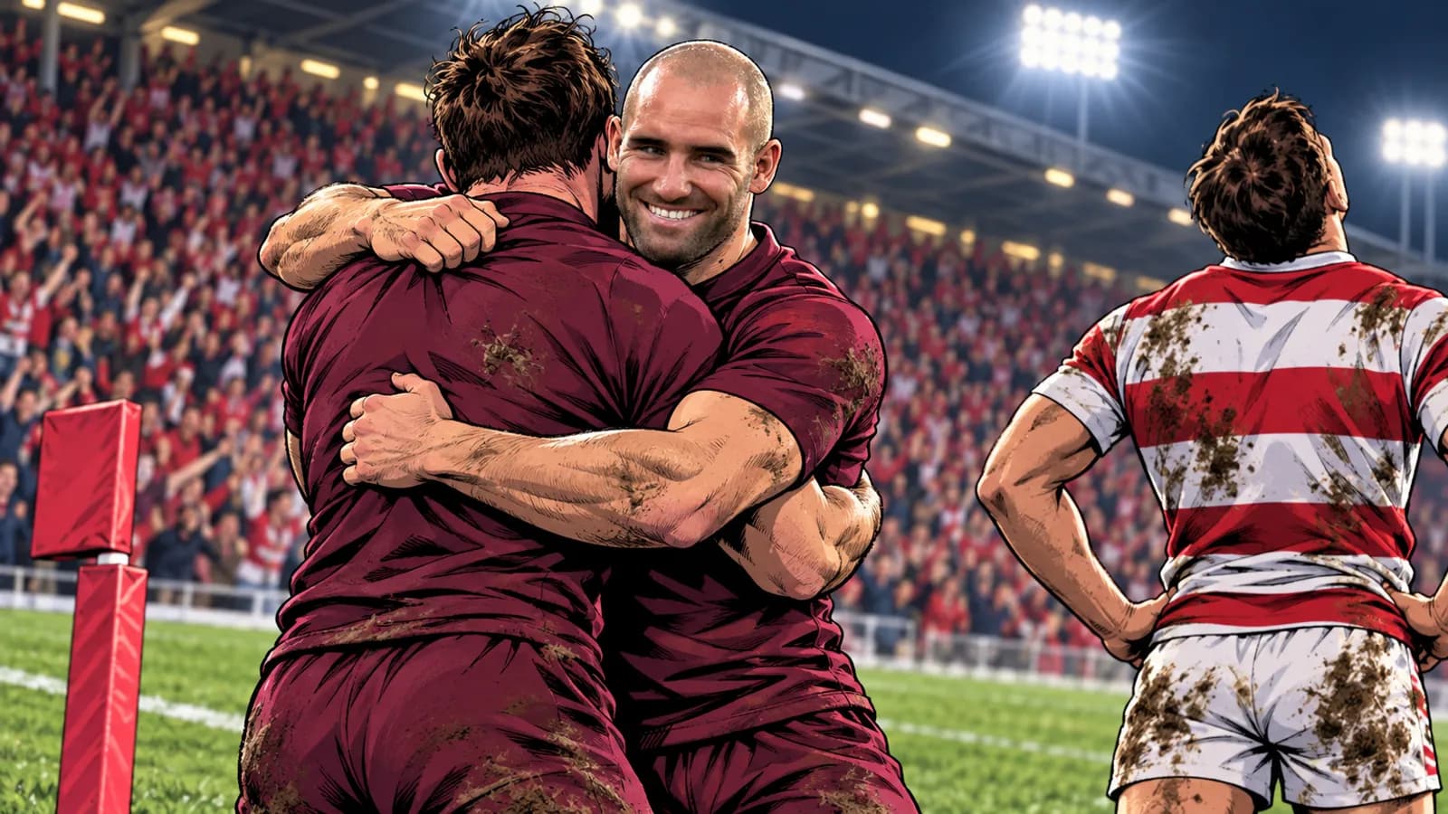 A smiling player in maroon hugs a teammate while a player in red and white hoops stands hands on hips before a floodlit crowd.