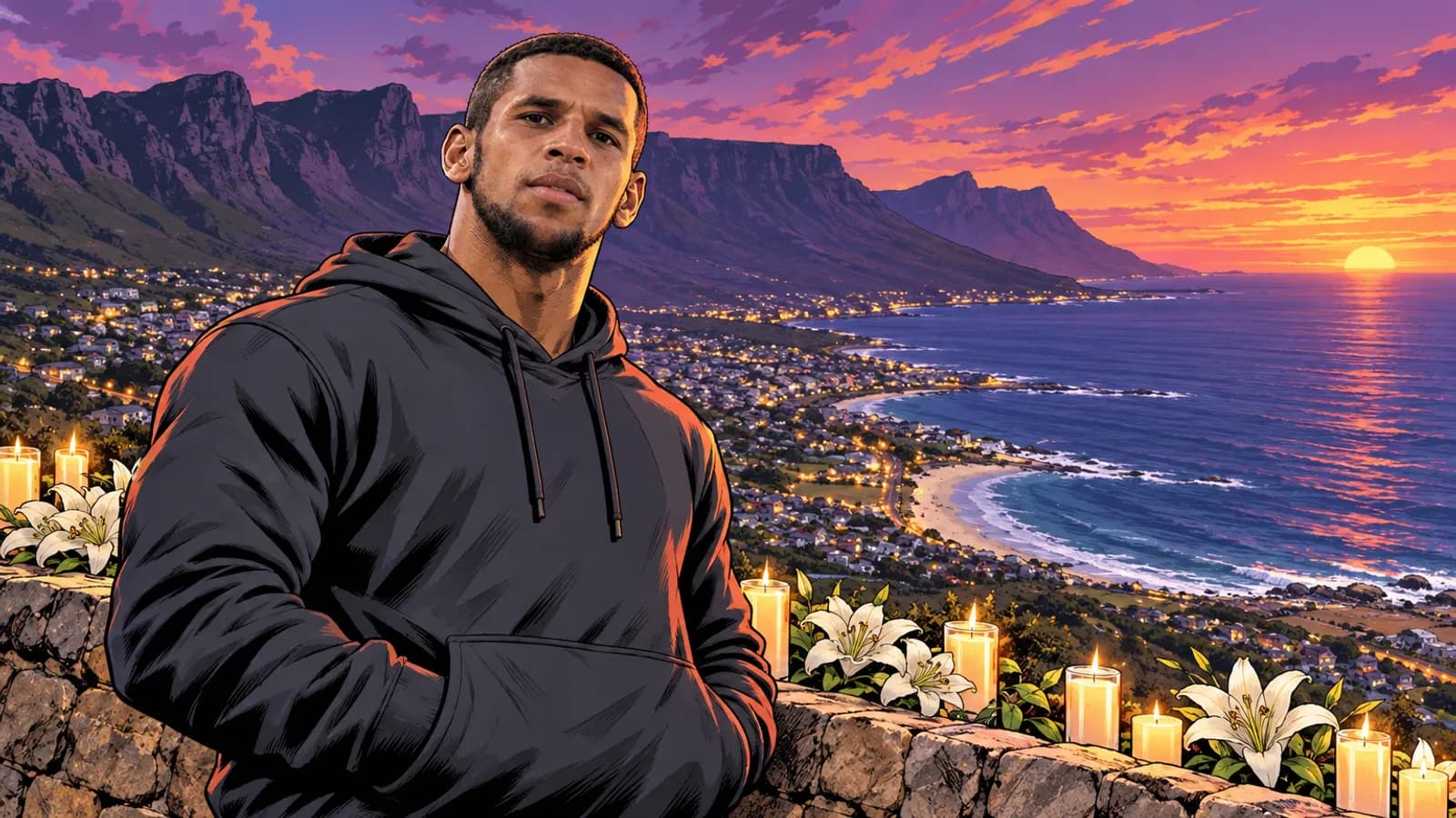 A bearded man in a black hoodie leans on a candlelit stone wall with lilies above Cape Town's mountains, beach and sea at sunset.