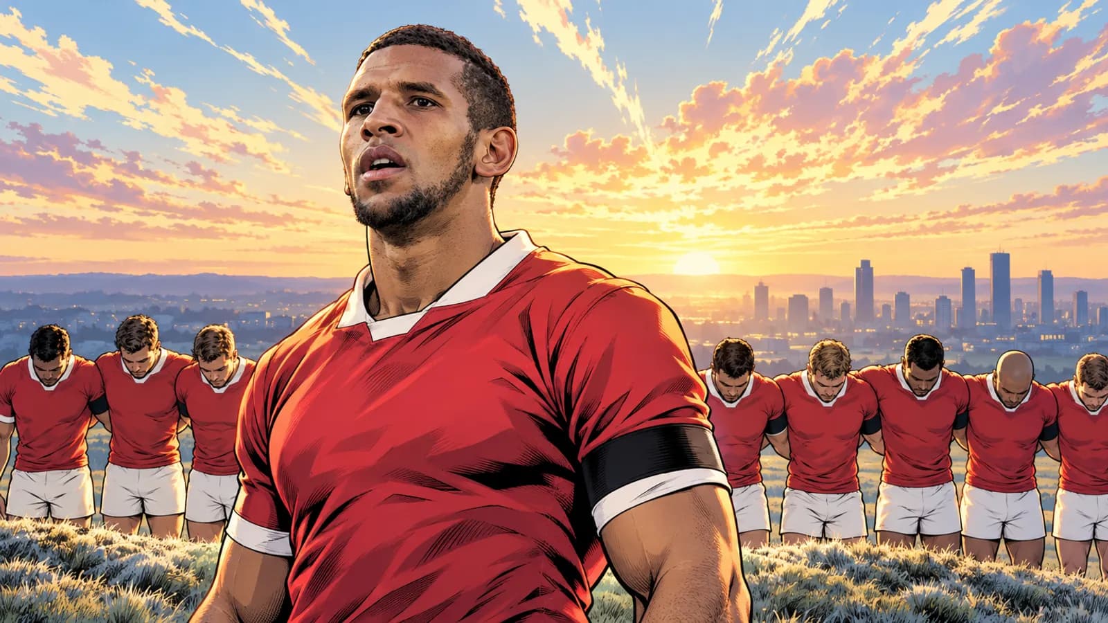 A player in a red jersey with a black armband stands before bowed teammates on a grassy ridge above a high-rise city skyline.