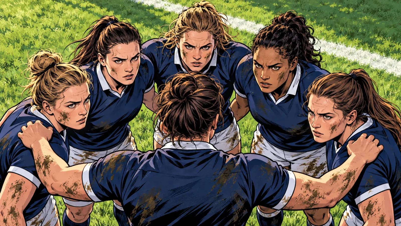 Muddy women rugby players in navy jerseys and white shorts huddle with arms around shoulders on a grass pitch.