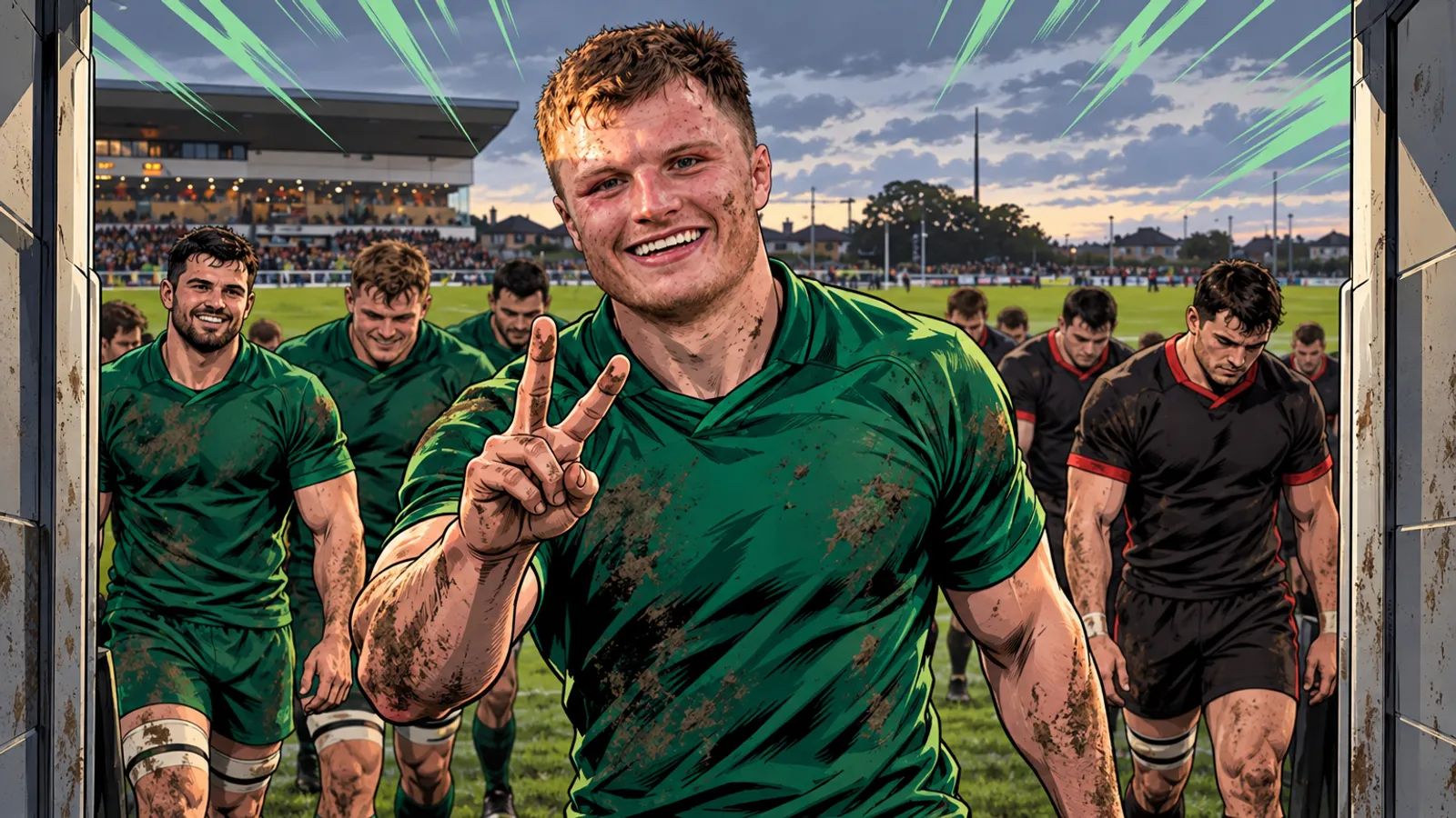 A comic-style rugby illustration of the Connacht home kit at Dexcom Stadium.