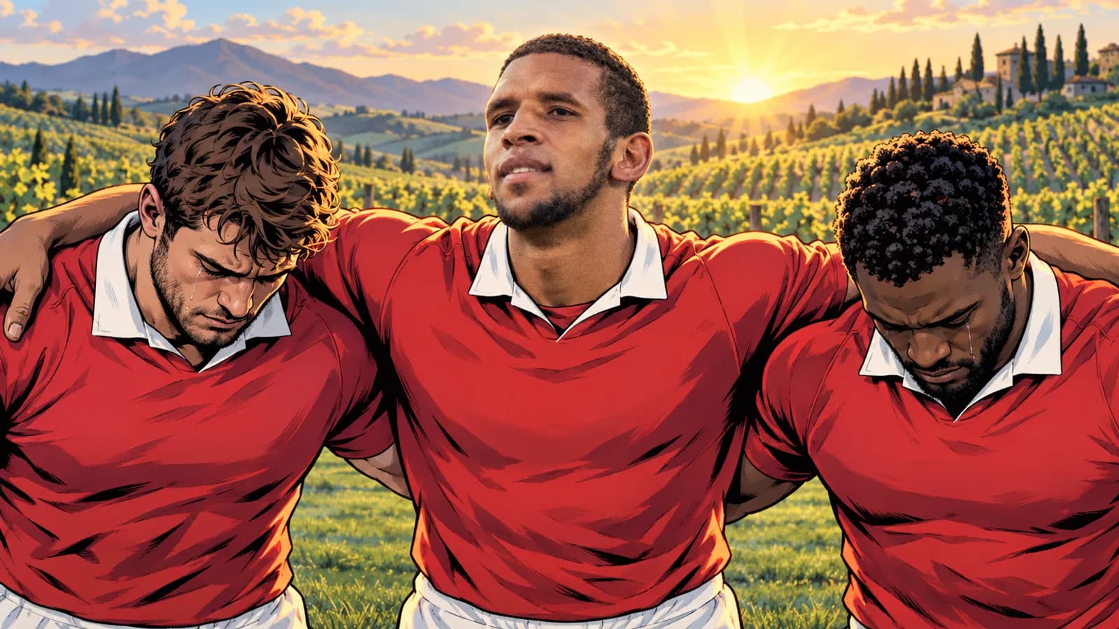 Three rugby players in red jerseys stand arm in arm, two weeping with heads bowed, before vineyards and hills at sunset.