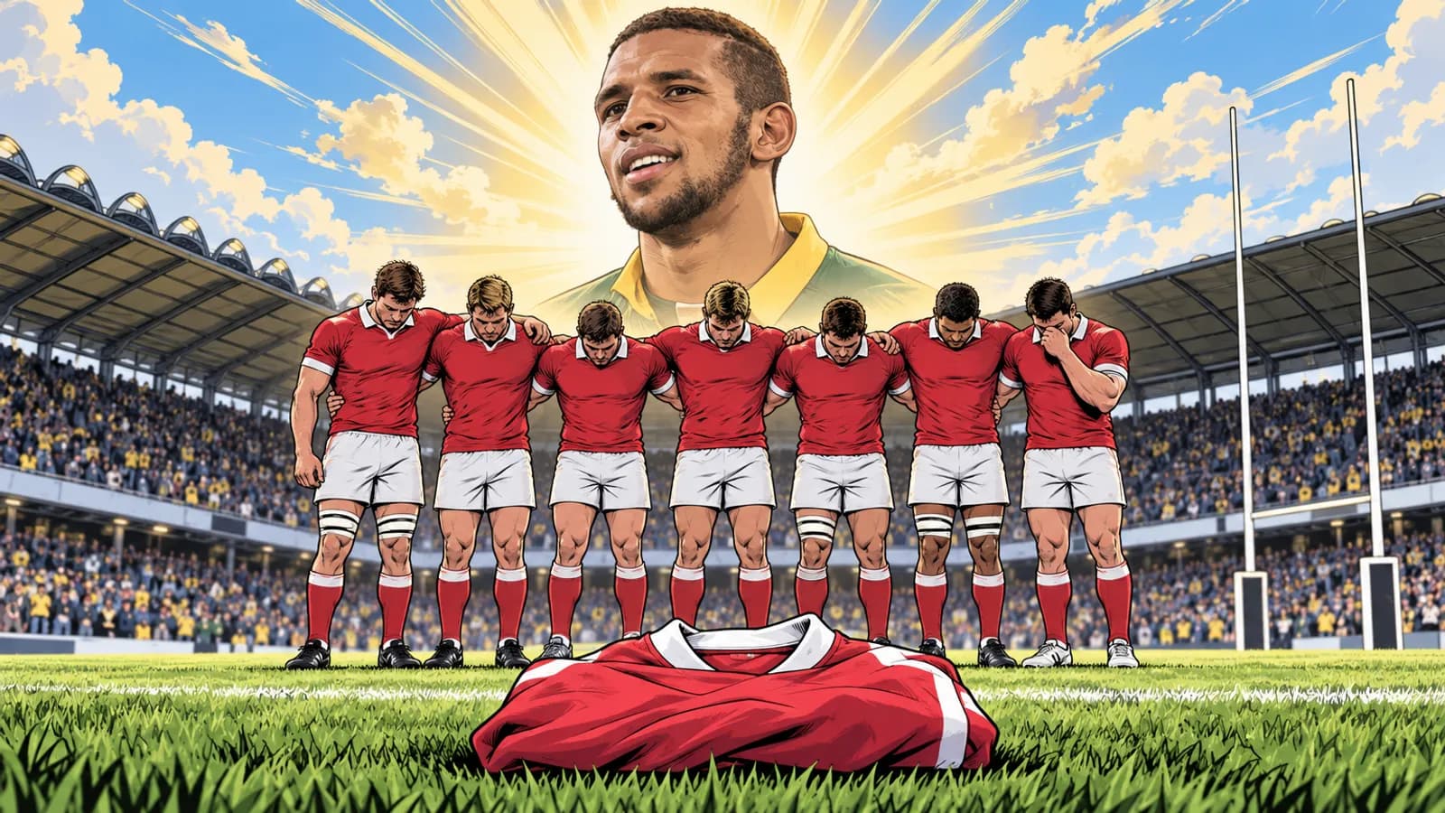 Players in red jerseys stand arm in arm, heads bowed, behind a red jersey on the grass at Stade Marcel-Deflandre.