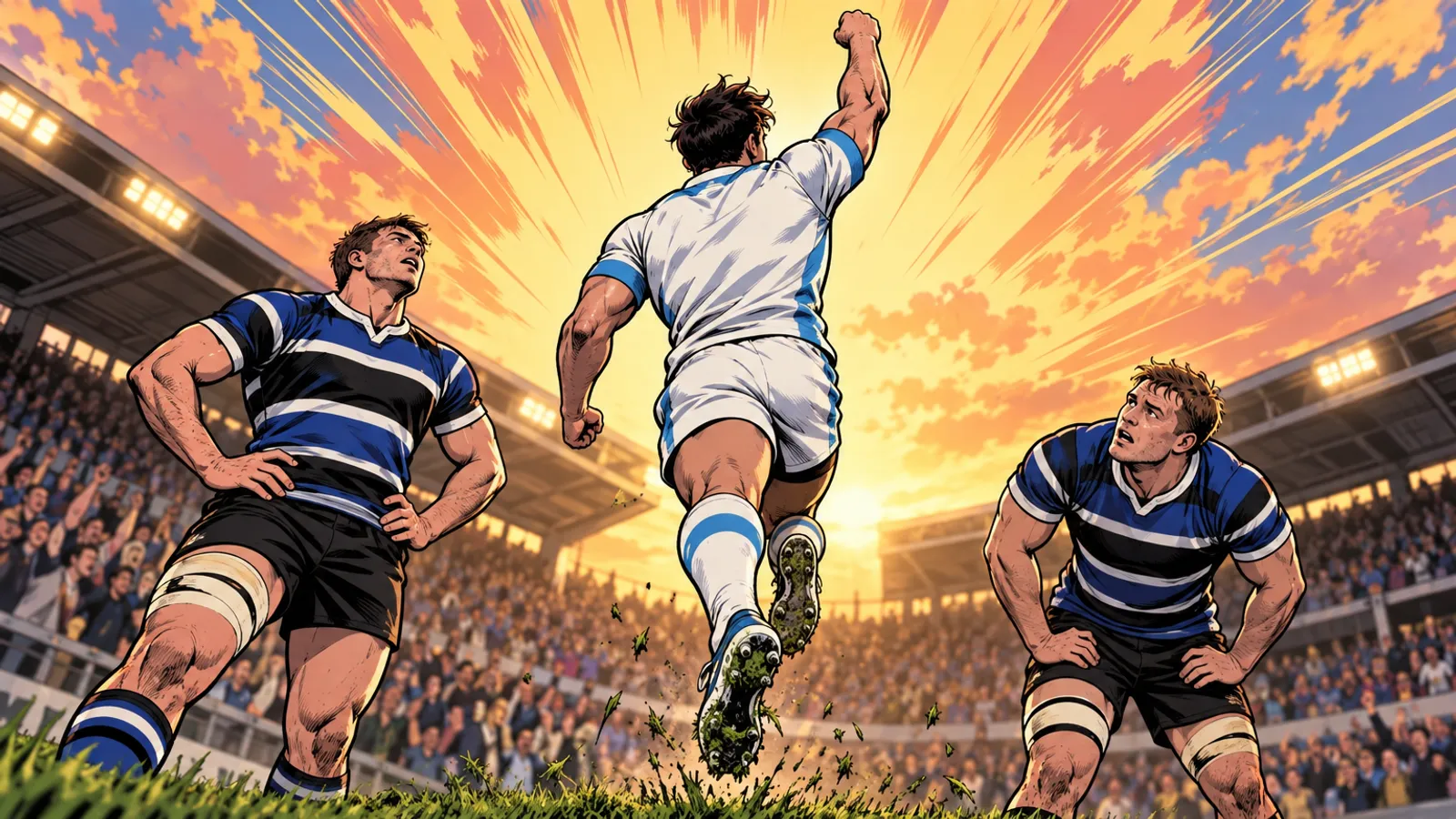 A player in white leaps with a raised fist while players in blue, black and white hooped shirts watch in a packed stadium.