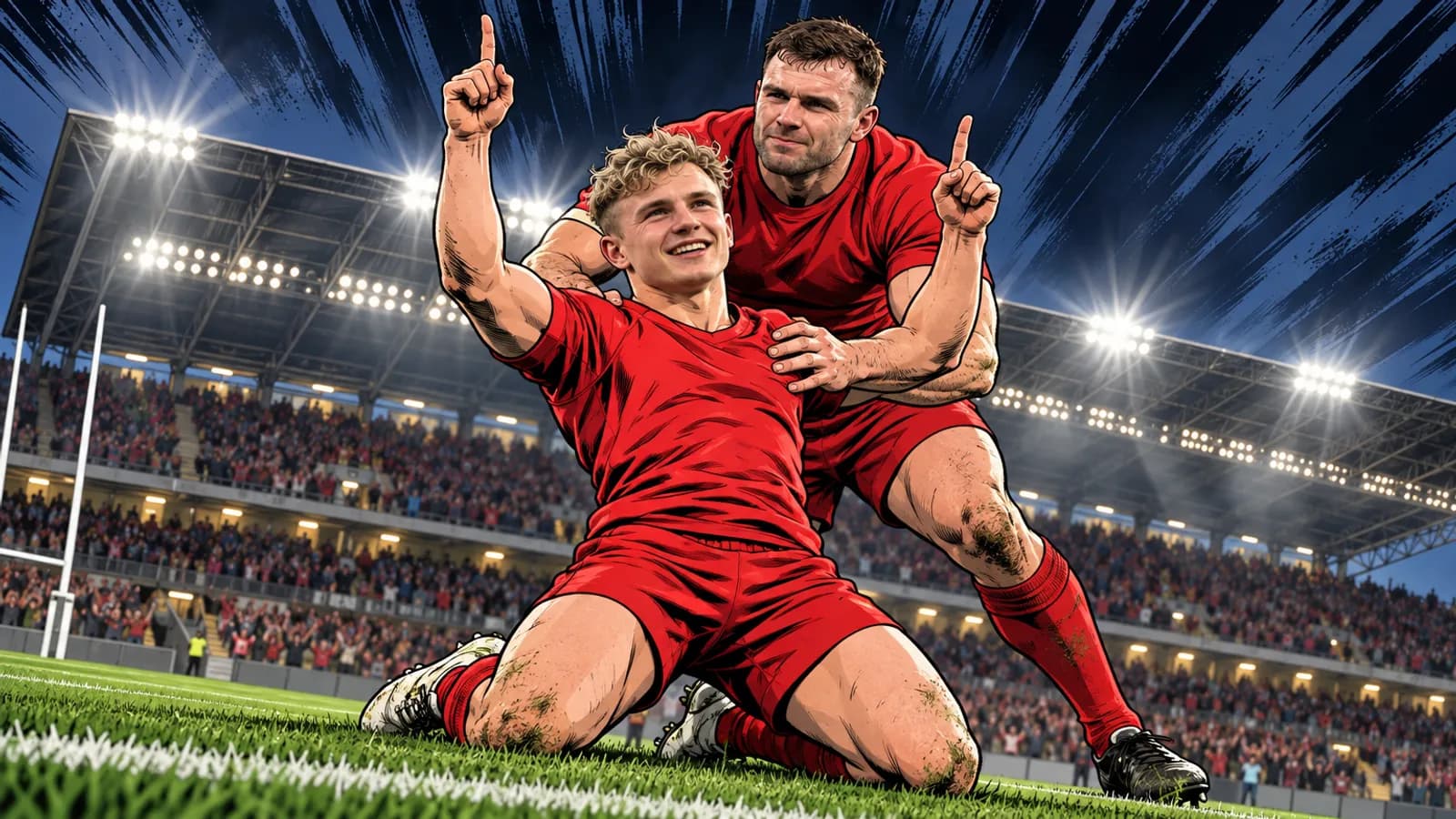 Two players in red kit celebrate on grass at Páirc Uí Chaoimh, one kneeling and pointing skyward, under floodlights before a packed crowd.