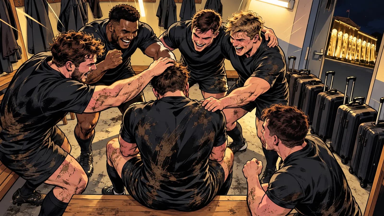 Muddy players in black kit cheer a seated teammate in a changing room, with suitcases and a floodlit Tbilisi building outside.