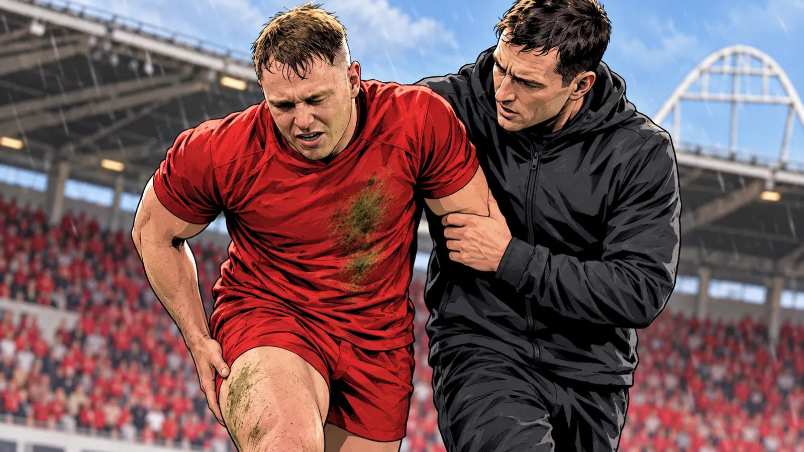 A grimacing player in a red kit clutches his thigh as a man in a black hoodie helps him off at Parc y Scarlets.