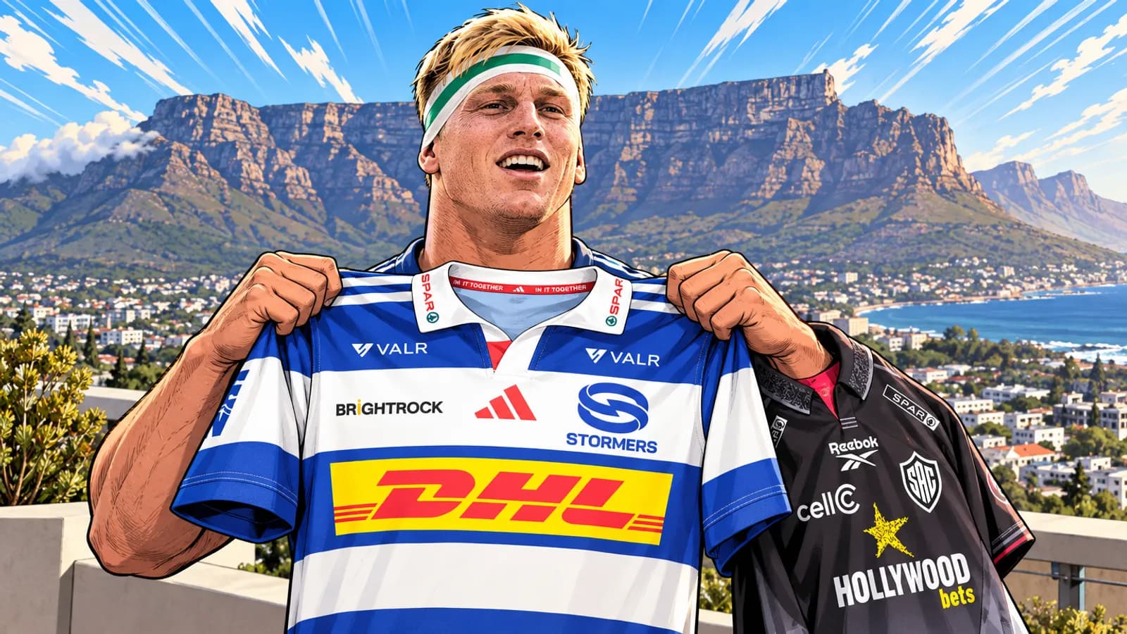 A blond player in a headband holds up Stormers and Sharks jerseys on a terrace below a flat-topped mountain, the city and the sea.