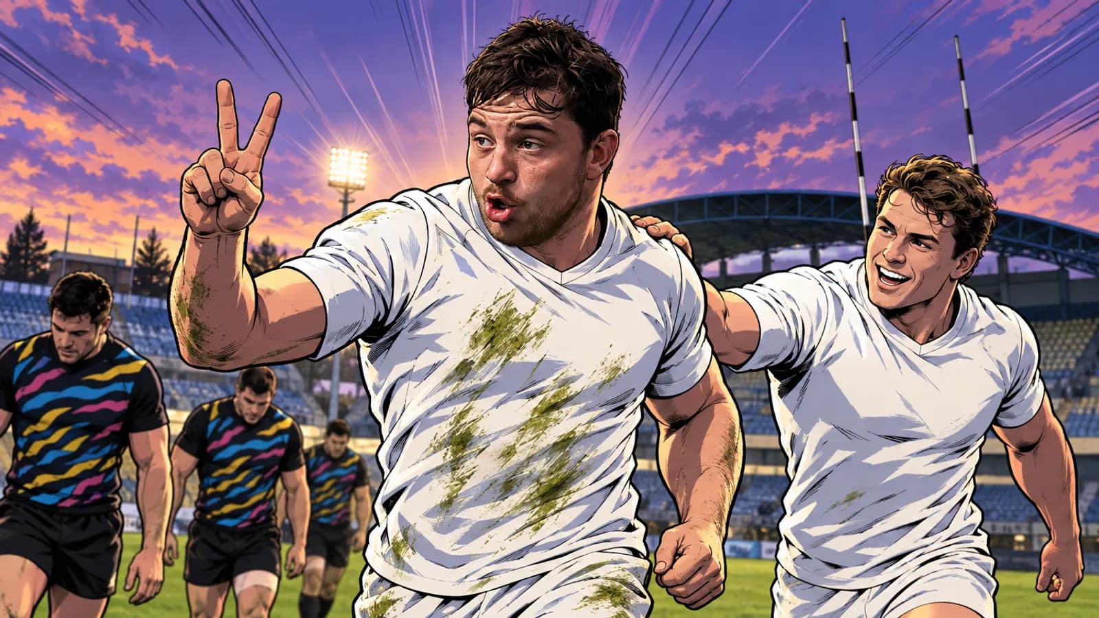 A muddy player in white celebrates with a teammate at Stadio Sergio Lanfranchi while opponents in striped shirts trudge away.