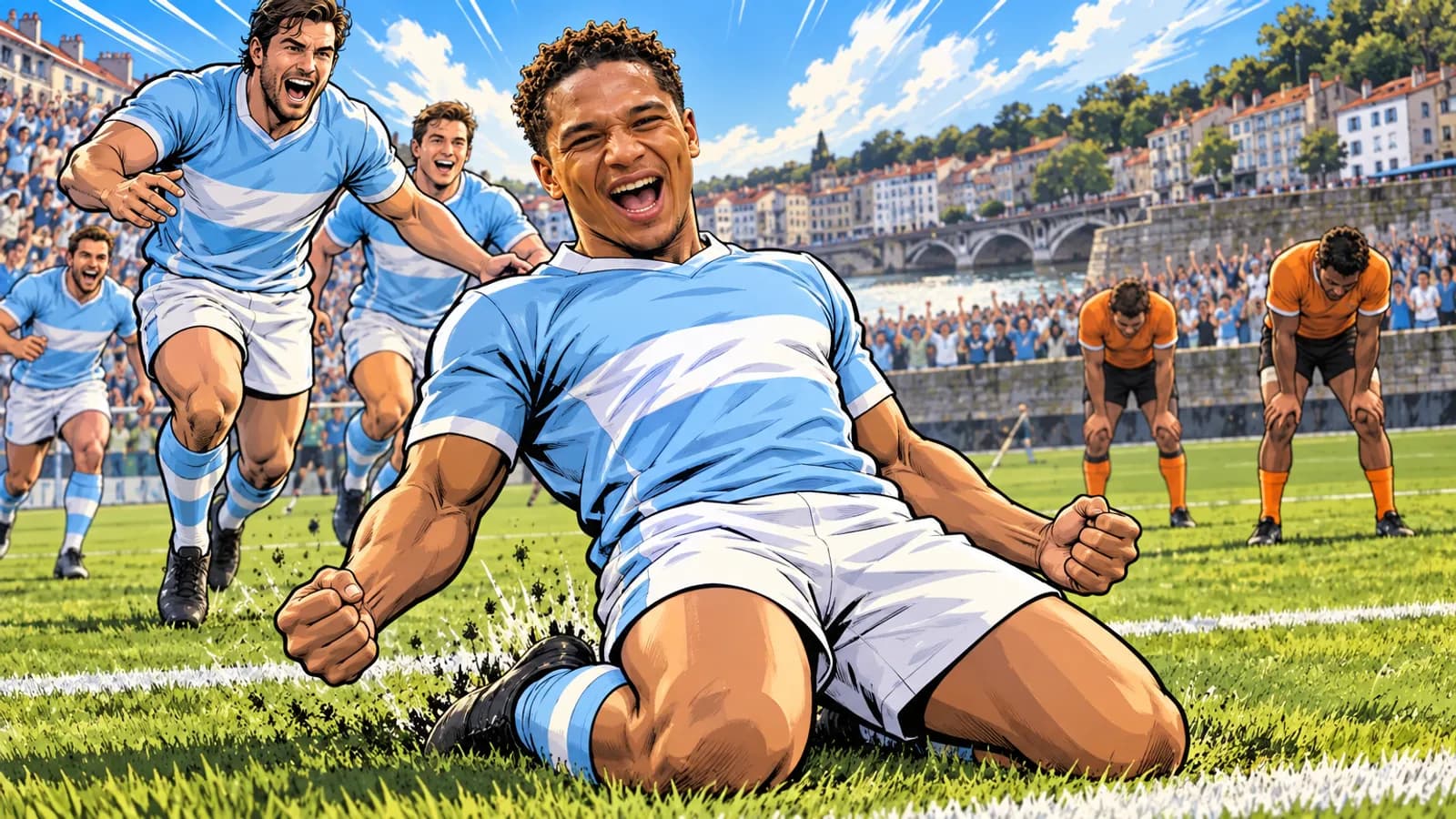 A player in sky blue and white kneels celebrating on grass as teammates run in, with a river and bridge of Bayonne behind.