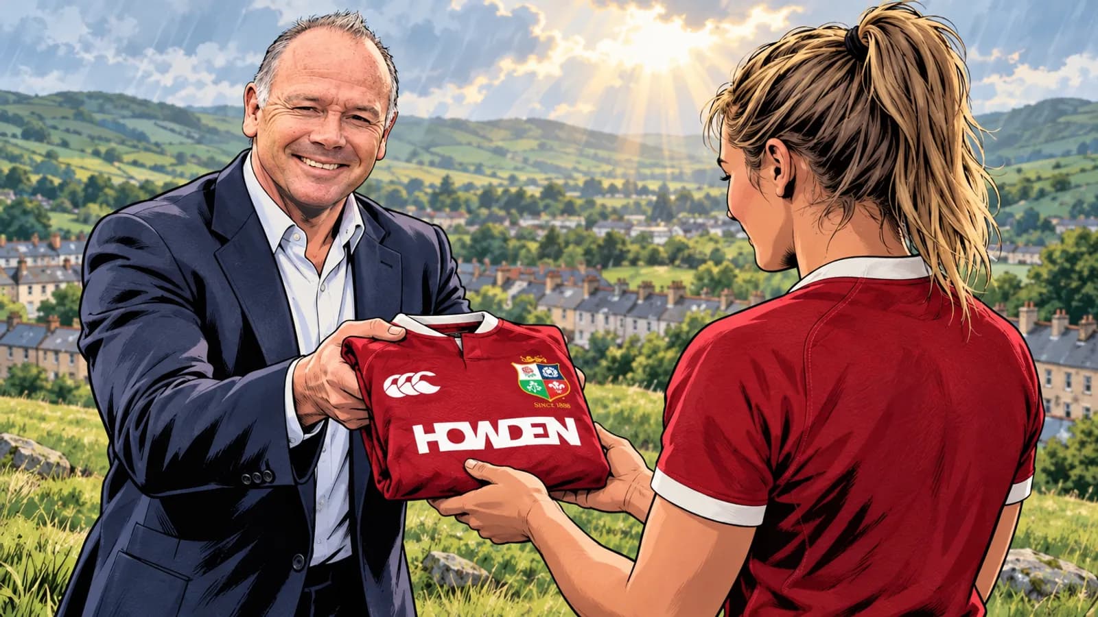 A comic-style rugby illustration of the British And Irish Lions home kit.