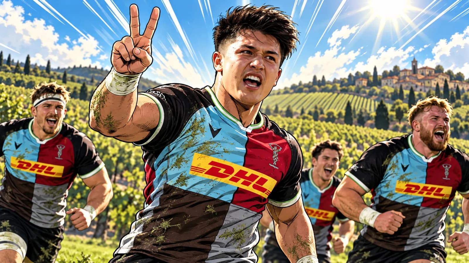 A comic-style rugby illustration of the Harlequins home kit.