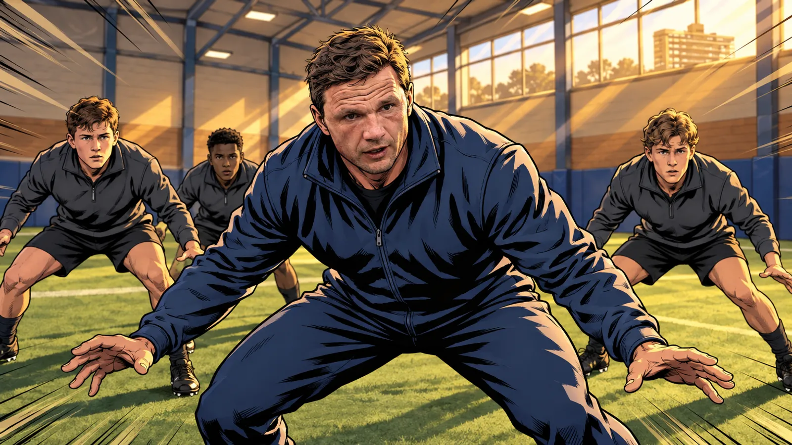 A coach in a navy tracksuit crouches in a defensive stance while young players copy him on artificial grass inside a training hall.