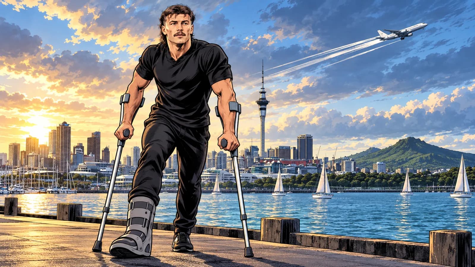 A comic-style rugby illustration of the All Blacks home kit.