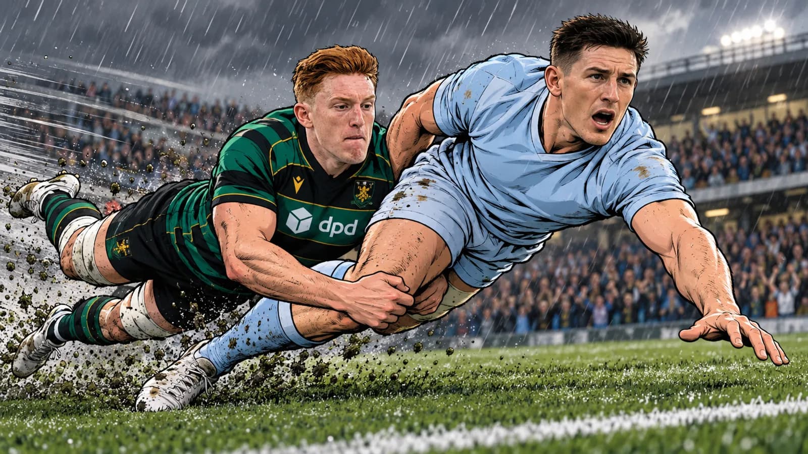 A red-haired player in green and black hoops dives to tackle a player in light blue by the legs on a rainy, floodlit pitch.