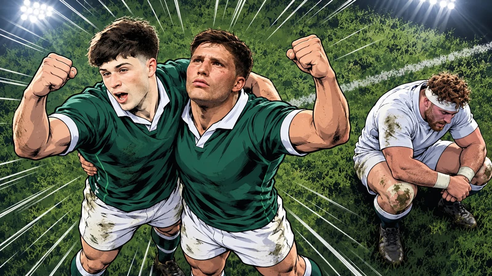 Two players in green jerseys raise fists in celebration under floodlights while a muddy player in white crouches dejected on the grass.