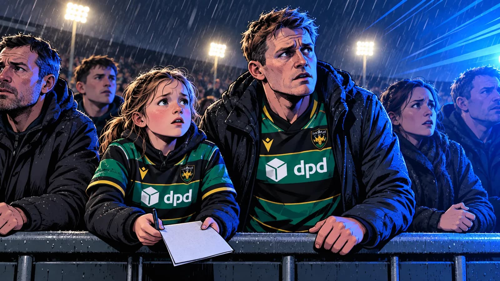 Worried fans, some in Northampton Saints shirts, lean on a wet barrier under floodlights in a rain-soaked stadium at night.