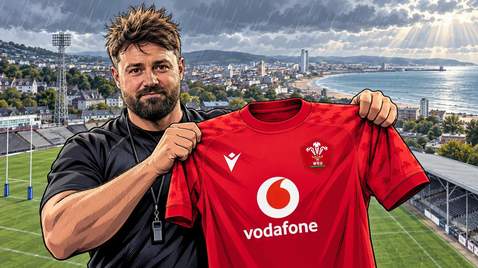 A bearded man in a black shirt holds up a red Wales jersey at St Helen's, with Swansea Bay and the city behind him.