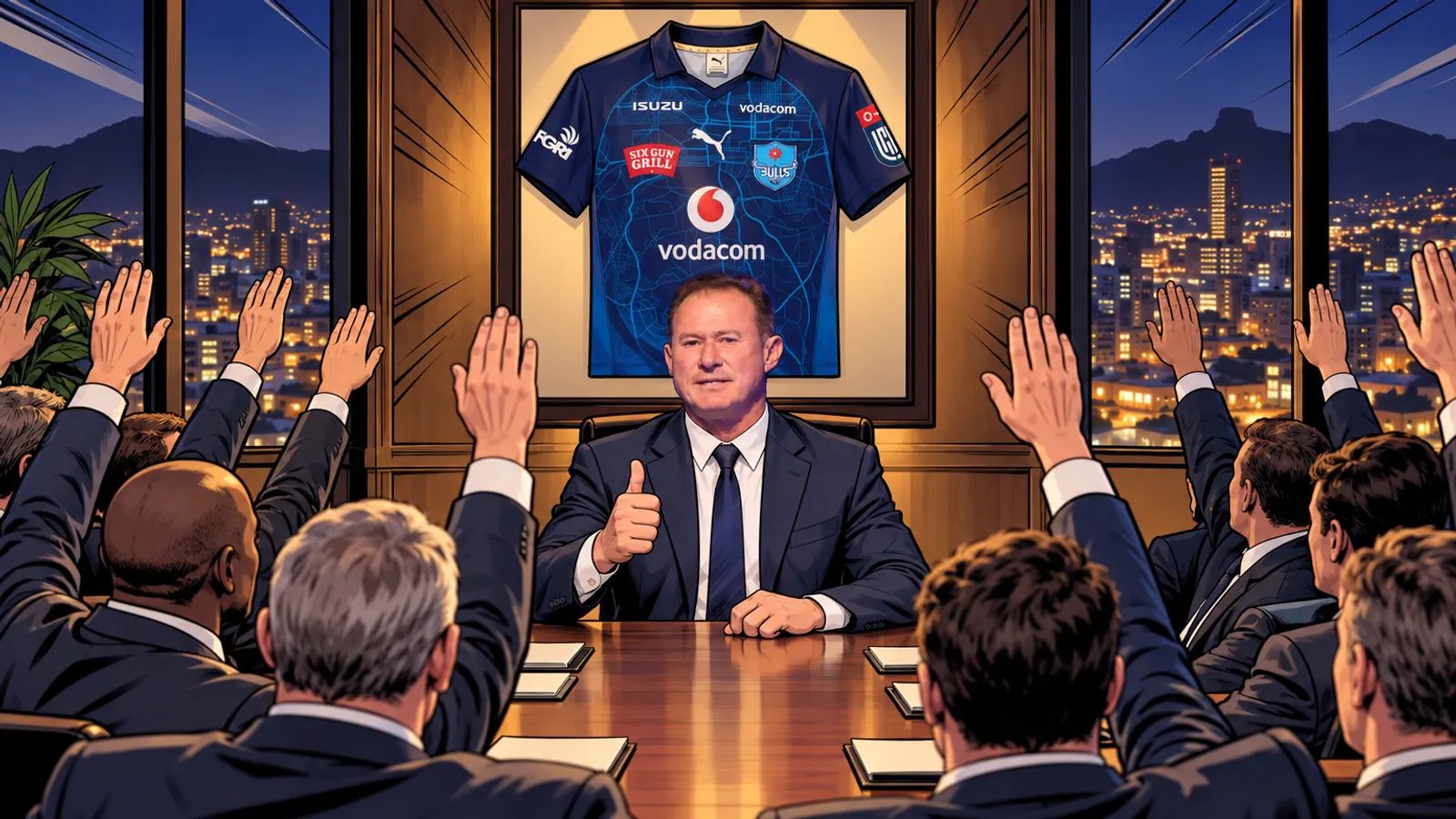 A comic-style rugby illustration of the Bulls home kit.
