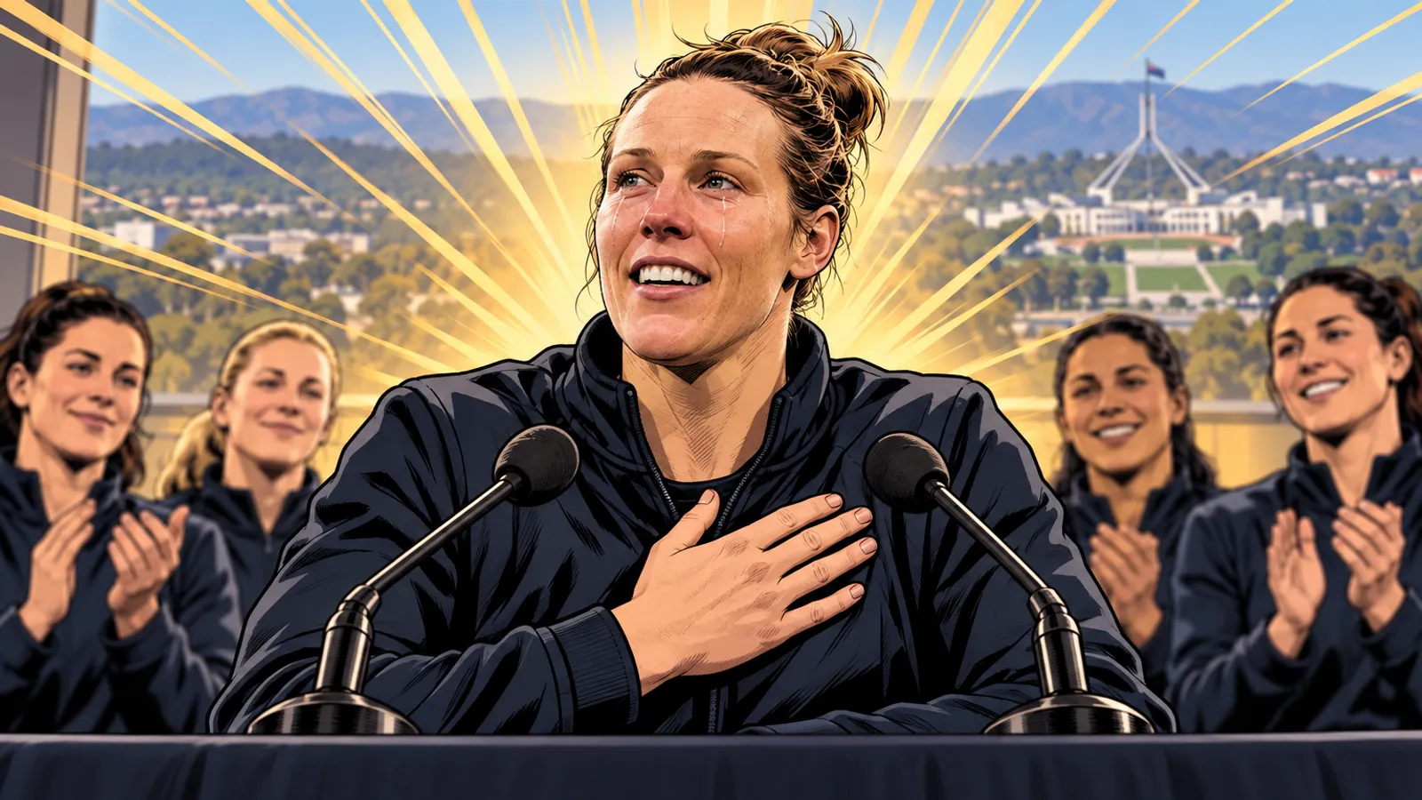 A tearful woman with her hand on her chest speaks at microphones while teammates clap, with Canberra and its hills beyond.