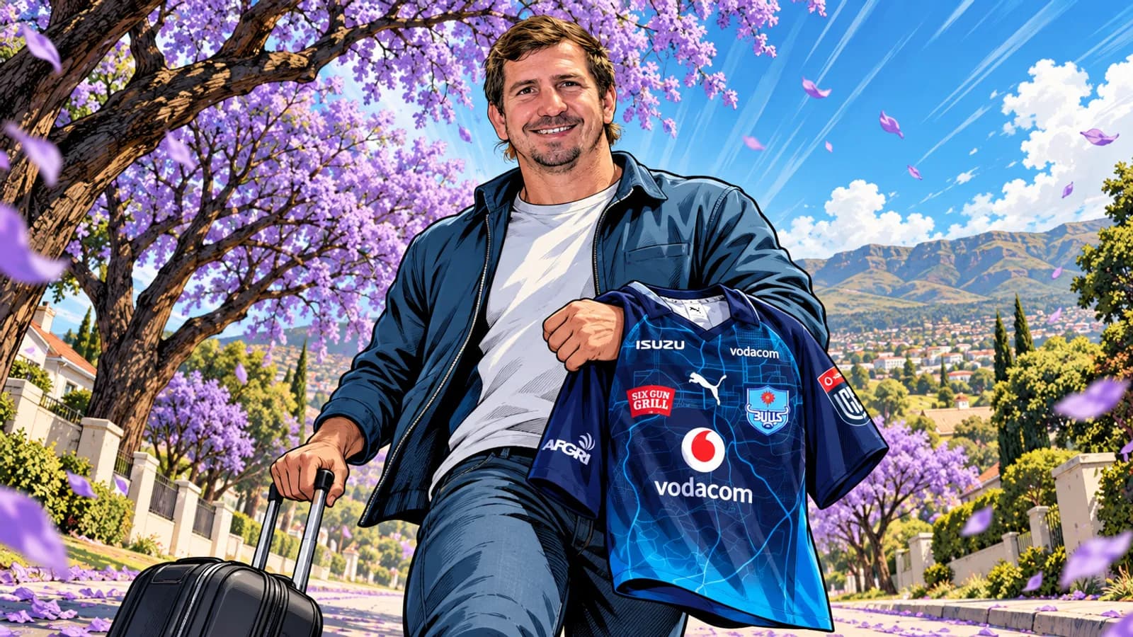 A comic-style rugby illustration of the Bulls home kit.